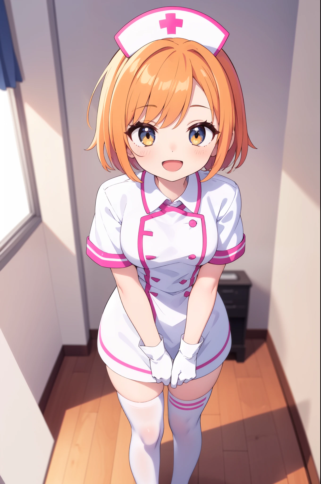 1girl, solo, nurse, nurse cap, white nurse uniform, ((white legwear, zettai ryouiki)), white gloves, very short hair, orange hair, smile, open mouth, standing, ((hospital room)), sharp outline, short sleeves, tomboy, boyish, best quality, masterpiece
