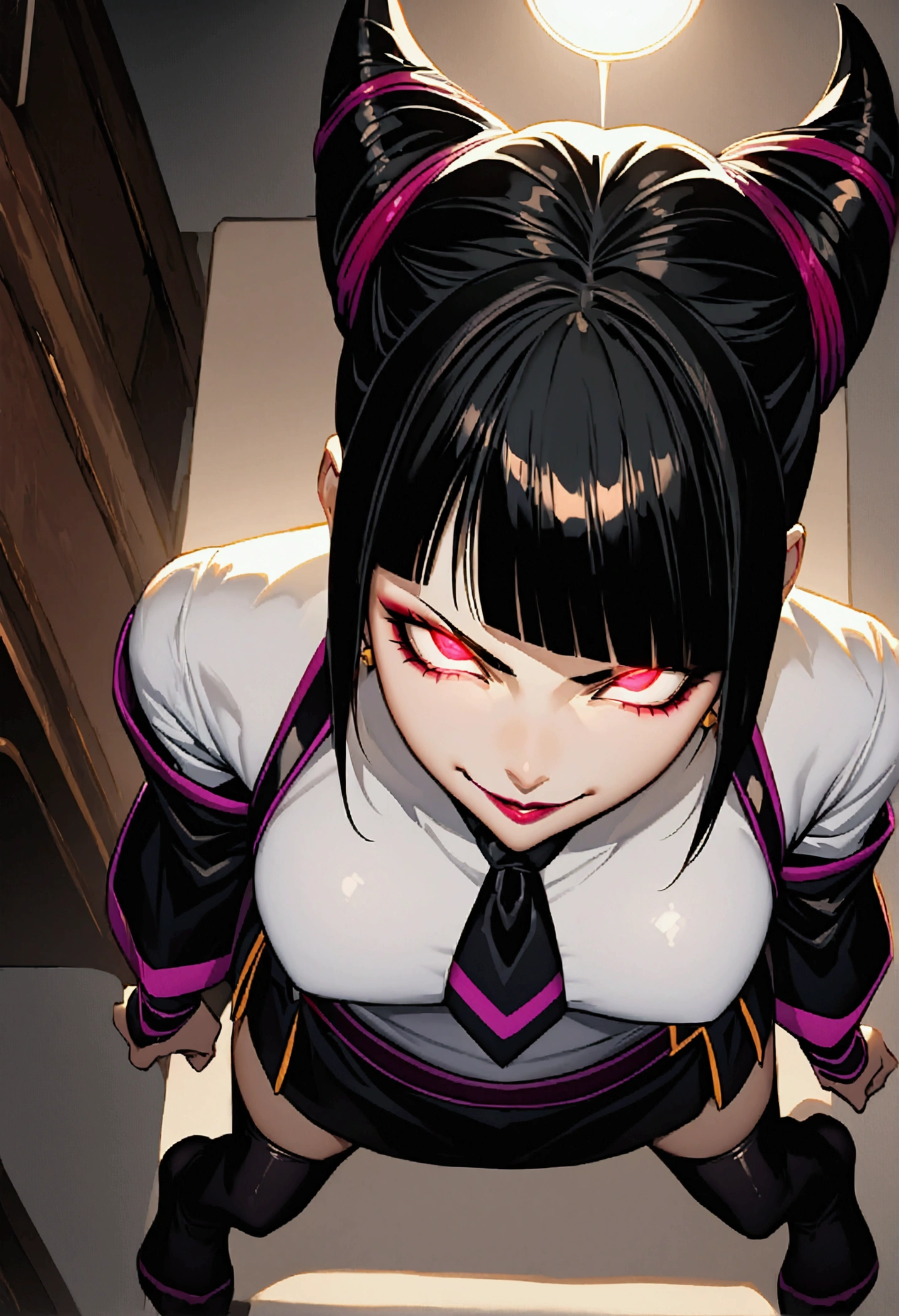 Juri Han, Artwork, fitted white secretary shirt with black tie, black mini skirt, skirt short,sock, Bblack hair, blackstockings,Evil smile,desk,bangs on the eyes,Lighting,horn of hair,from above view,staring overhead