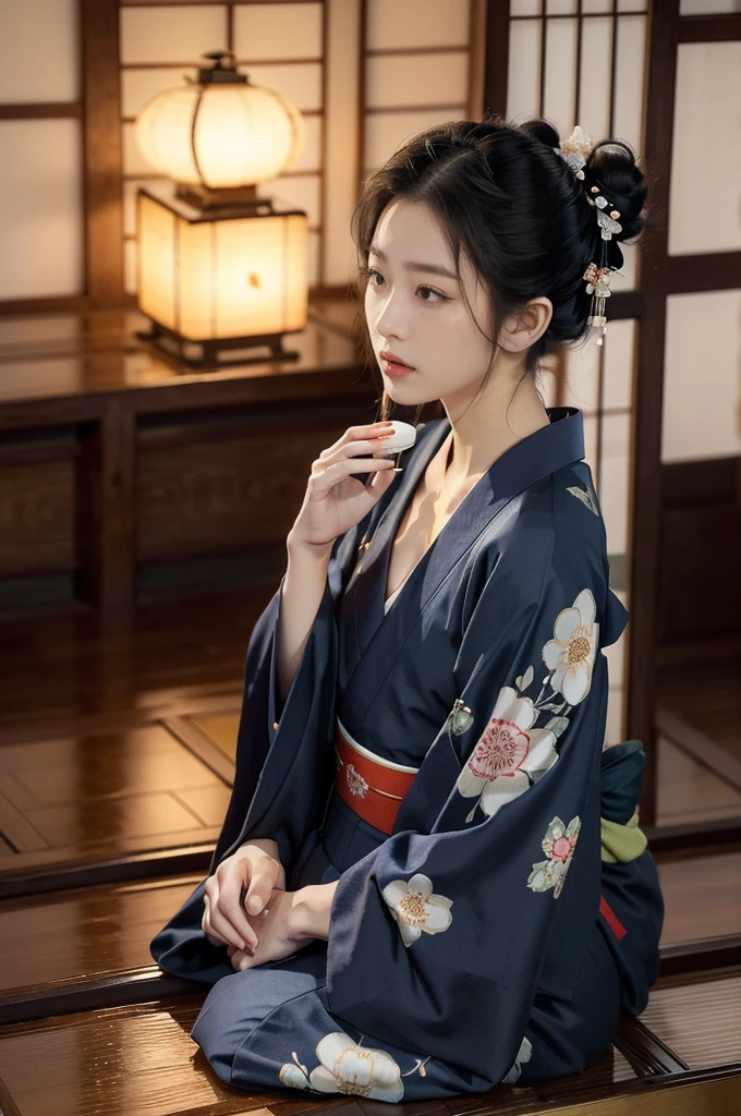 (((best quality))),(((ultra detailed))),(((masterpiece))),illustration,((1 beautiful Japanese girl,solo)),((slim,thin)),((small breasts,flat chest)),serene,melancholic,(rainy:1.3),(night scene:1.3),(in izakaya:1.3),(bun hair:1.2),(traditional Navy blue floral kimono:1.3),cozy atmosphere,ethereal appearance,delicate features,expressive eyes,contemplation,numbs loneliness,intricate kimono patterns,billowing kimono,traditional beauty,graceful sitting pose,sliding doors,rainy alley,soft glow lanterns,warm ambiance,vapor,atmospheric haze,introspection,isolation,beauty in solitude,complex emotions,quiet moments,Drinking Alone,narrative,loneliness,yearning,inner peace,((from front,upper body))