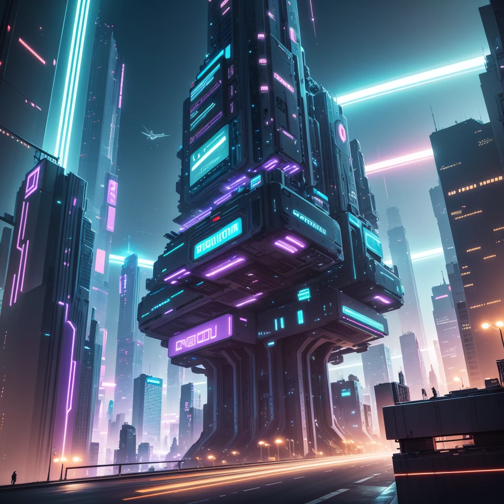 background image, Futuristic city at night with bright signs, tall building, Flying cars and robotic humans, Hyper Real