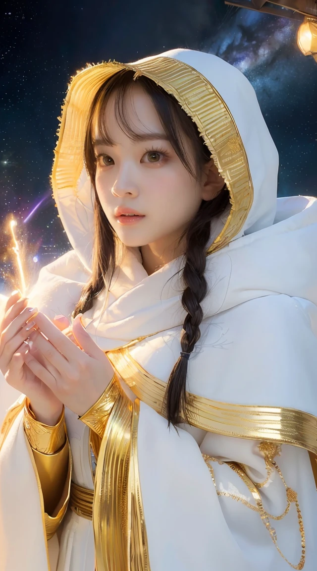 (masterpiece, highest quality, highest quality, official art, beautiful and aesthetic:1.2), (1 girl), very detailed, (fractal art:1.3), colorful, most detailed, perfect face, Upper body, HDR, (pray:1.3), (Golden lines in a white cloak:1.2), Milky Way, (stripes of light), impressive visuals, (dynamic streak, path of light:1.2), Bright colors,