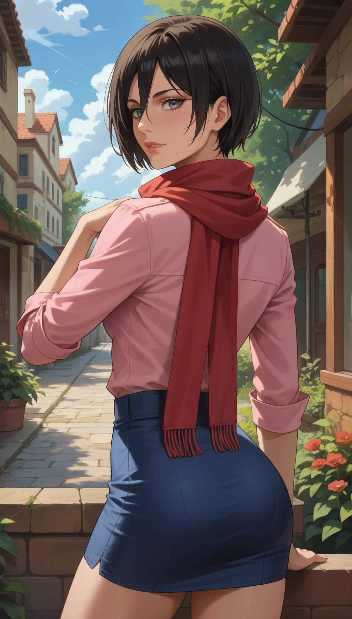 score_9_up, score_8_up, score_7_up, 1girl, slim, mature female, Mikasa ackerman, grey eyes,  pink shirt, blue skirt, miniskirt, seductive, thighs, rating_safe, standing, red scarf, pixie cut, short hair, pencil skirt, looking back, outdoors, please fix image