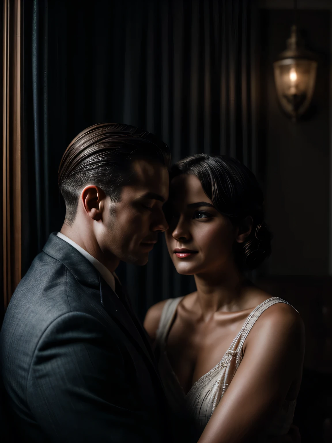 man and woman in an intimate moment, 30s, round face, cinematic appearance, detailed.