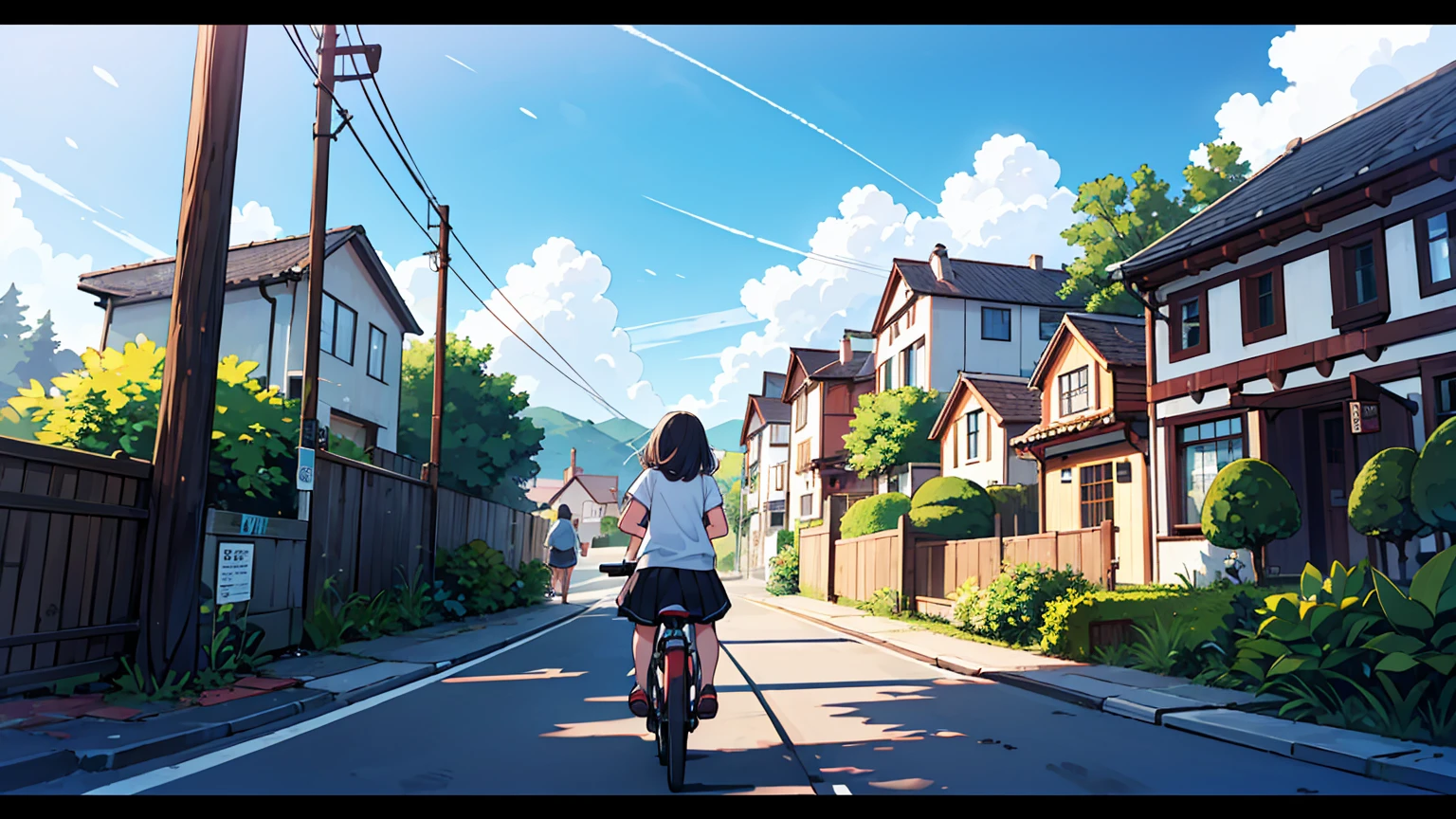(masterpiece, best quality),1 woman, different hair colors, different faces,letterboxed, perfection of fashion,chapped lips, casual attire, whole body, from behind,open sea,calm,riding a bike down,coming down the hill,Downhill road to the beach,clean sky,Clumping clouds, skirt,relaxed,A small village seen at the end of the road,The gaze is towards the village
