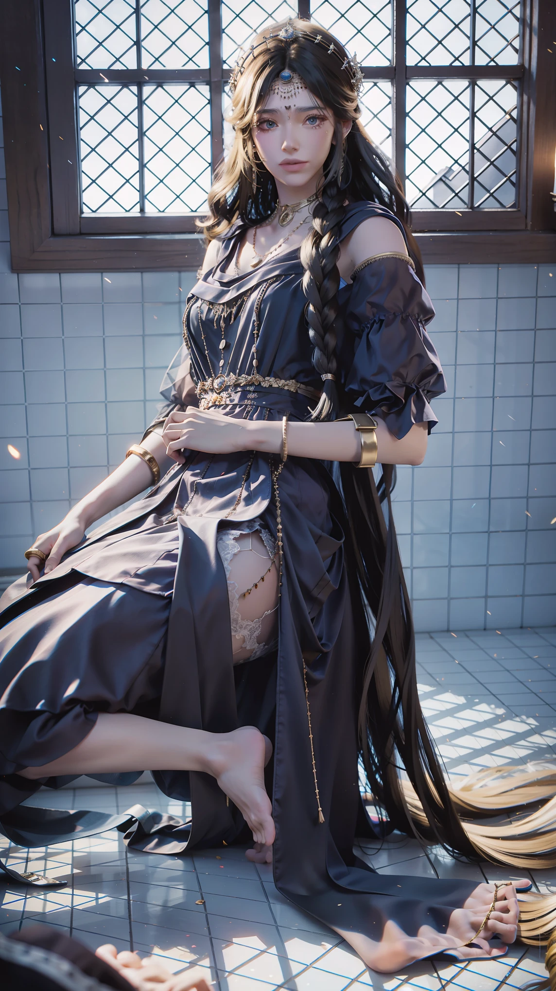 best quality,masterpiece,The Ultimate Solution,Fluffy,Extremely colorful,Mature beautiful woman,(Dress school uniform),Lace skirt,(Beautiful woman beheaded),Normal posture,(Kneeling),Kneeling on the bed,shackles,Beheading,collar,Black stockings ,barefoot,Normal posture