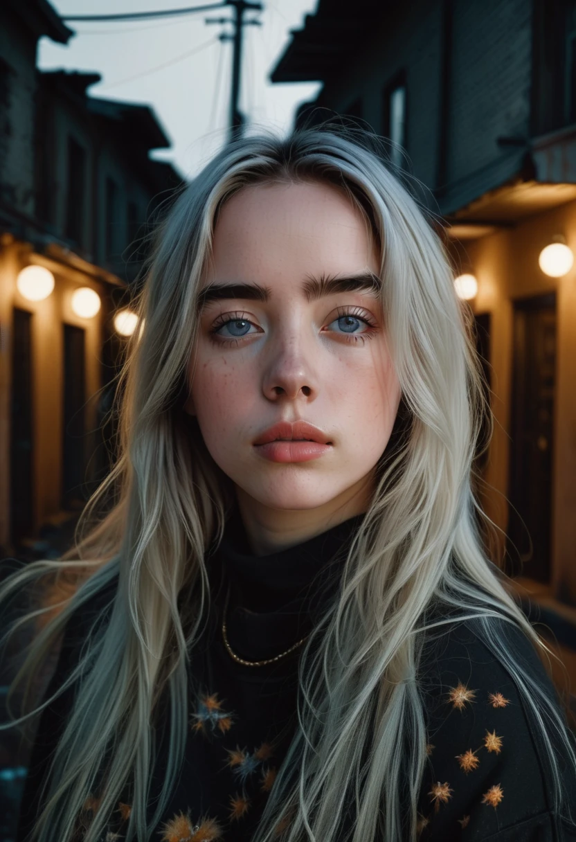 billieeilish, Long Hair, Modern photography, (wearing large Edge PO pullover, Edge PO), (Wearing leggings), (Cowboy Shot), (35mm, debt/2.8) Photo debtocus, DOdebt, Aperture, Highly detailed and exquisite, character, Hypermaximalist, beautiful, reveal, Charm, Charm, Affectionate, Ultra-realistic, Very detailed, beautiful girl, ((Detailed eyes)), Long eyelashes, (Glossy Lips), Standing on a narrow dark road, Fog in the background, Pitch Black Night, Cloudy, alone、sad、Hopeless、Dark background、((Dark roads））、There is not a single streetlight、Really dark background、In the ruins