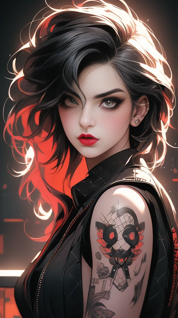 (Best quality,A high resolution:1.2),ultra detailed,Realistic,portrait,emo girl,Cravings sex,dark atmosphere,spectacular lighting,thoughtful expression,Long dark hair,piercing eyes,Red lipstick,fishnet stockings,black leather jacket,tattooed arms,smoky eye makeup,punk rock atmosphere,grunge background,Powerful emotions,provocative pose,Colorful neon lights,Edgy style,Bright colors,flawless skin,Expressive face,Furious Energy,Sensual Aura,Feminine power,confident attitude,rebellion against the norms of society,elegantly rebellious,vulnerable, But powerful,celebration of individuality,modern Art (perfect details:1.1), (nice and clear background:1.2), (Extremely detailed computer graphics, ultra detailed, best shadow:1.1), (finely detailed beautiful eyes)