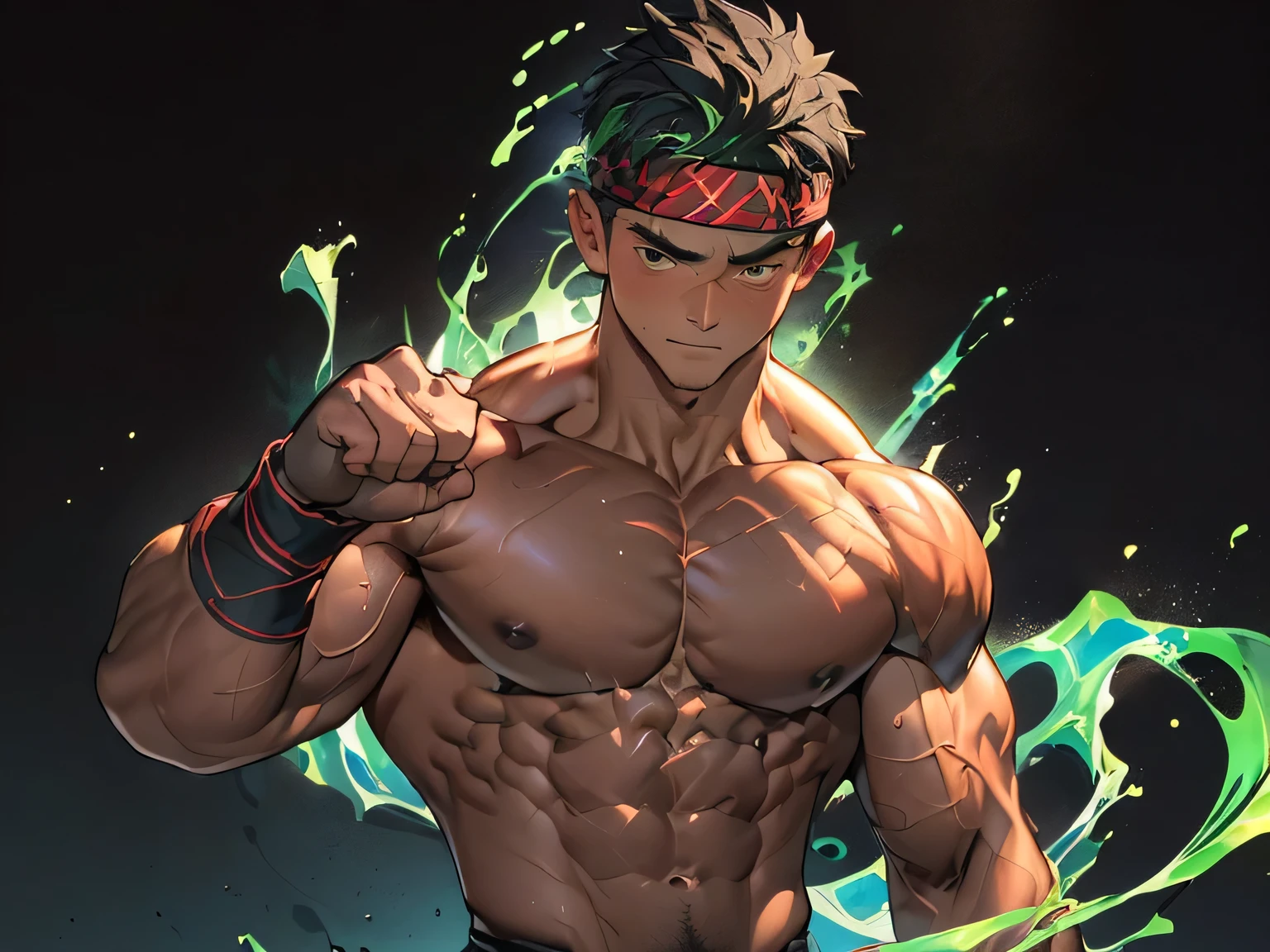 ((masterpiece, best quality)), (((((black background, deep night, upper body))))), (19 year old boy, worm eyes, Young boy, muscler, Shirtless, topless), ((((1boy, flesh, tough, reliable, developed body, blue and green aura effect, holding aura energy)))), (Dark Short straight hair, ((almost completely shaved hair)), under cut, brown eyes), (((red headband, black wristband))), Vivid colors, ((hot Abs:1.2, abs!, big abs, big breast:1.2, chest!, muscler upper arms)), muscler!, muscler body, detailed face, detailed muscle, (((rippling muscles, boxing stance, Flowing energy, giving off an aura of holy power)))