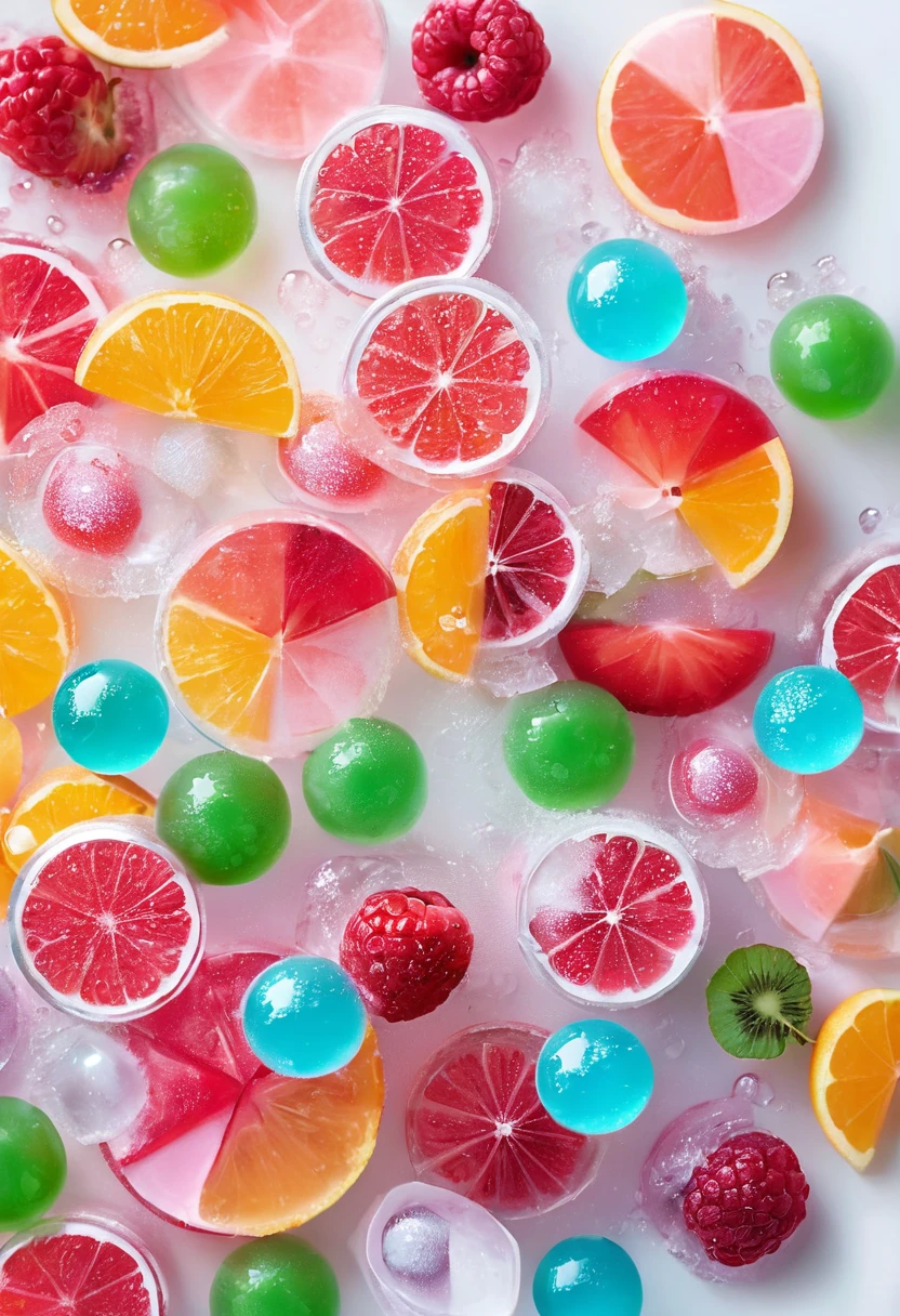 Delicious looking shaved ice、(Colorful slime candy sprinkled on top)、Beautiful glassware、Water Drop、fruit、 food, food focus、No humans, White Background, Simple Background,