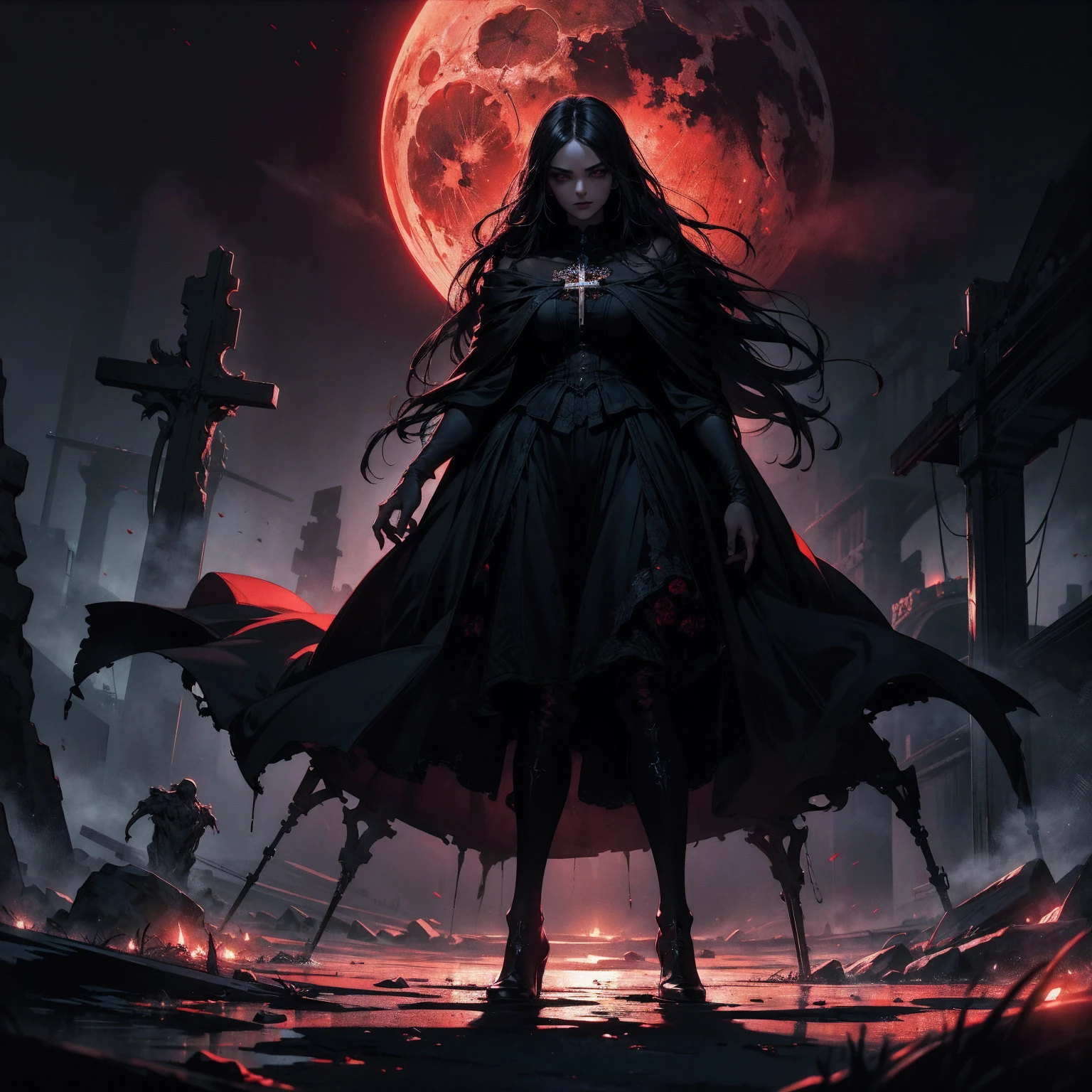 Highest quality, 4K, High resolution, masterpiece:1.2, Very detailed, practical:1.37, Mood Lighting, girl, Crucified, Pitch black sky, Red moonlight, Strange atmosphere, Gothic style, Unforgettable beauty, Dramatic Shadows, Mysterious Light, Mysterious atmosphere.