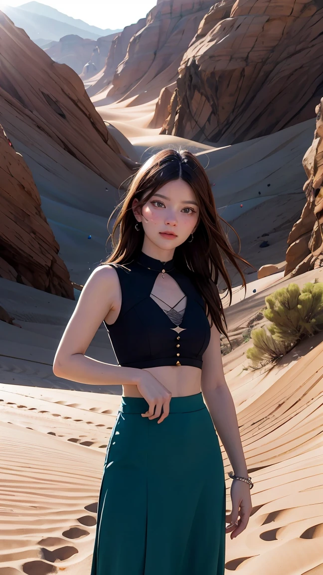a woman is standing in the desert with a large object, full of glass. society, magical crystals, still frame from a movie, inspired by Louis Mathieu Verdilhan, album art for a trance DJ, the rift, triangle shards, cinematic lens flare, connectedness, [ shards, 4 dimensions
