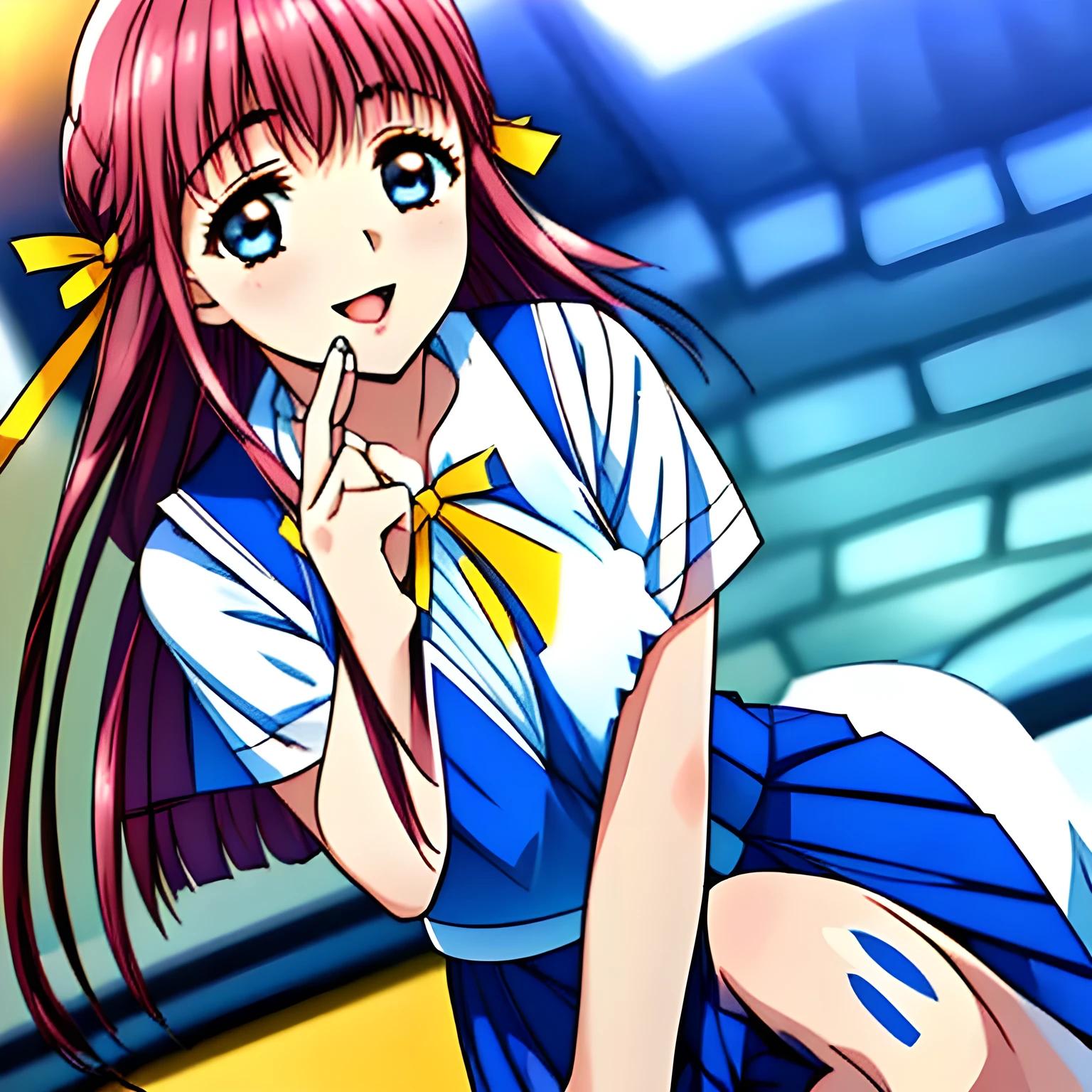 (highest quality, masterpiece:1.2), highest quality, High resolution, 1080P, 8k, (Very beautiful and delicately drawn high-resolution anime CG: 1.5), (A beautiful yo girl anime heroine, A very neat, very noble, pretty, pure girl is almost kissing me emerging from evil darkness in a succubus dark nightmare: 1.6), (Filled with black beautiful succubus background: 1.5), Glossy lips, Evenly cut bangs, (beautiful blue eyes with detailed: 1.2), (Very beautiful and very long flowing pink hair: 1.2), (Noble blue school vest uniform, blue pleated noble skirt, white blouse: 1.6), (Big yellow cute wide ribbon on her chest), (Yellow hair ribbon clip: 1.0), (Giggling: 1.0), (Mouth is laughing and wide open as a game heroine: 1.0), (A beautiful body like a model), (Walking with a school bag, turning around), (long cute eyelashes: 1.4), ((thin droopy eyebrows: 1.4)), (giggling and calling me to invite me to her extreme happiness with her mouth widely open!: 1.6), (showing her very long tongue: 1.6), (laughing shy cheeks and lips, as if watching a comedy: 1.5), ((Very super long wavy hair is too much beautiful: 1.0)), (Tilting her head shyly), (Too beautiful women to stop falling into her, makes me crazy: 1.6), (She is in fact succubi and calling me with strong religious temptation, drops me into craziness: 1.2), (showing her palm to invite me: 1.2)