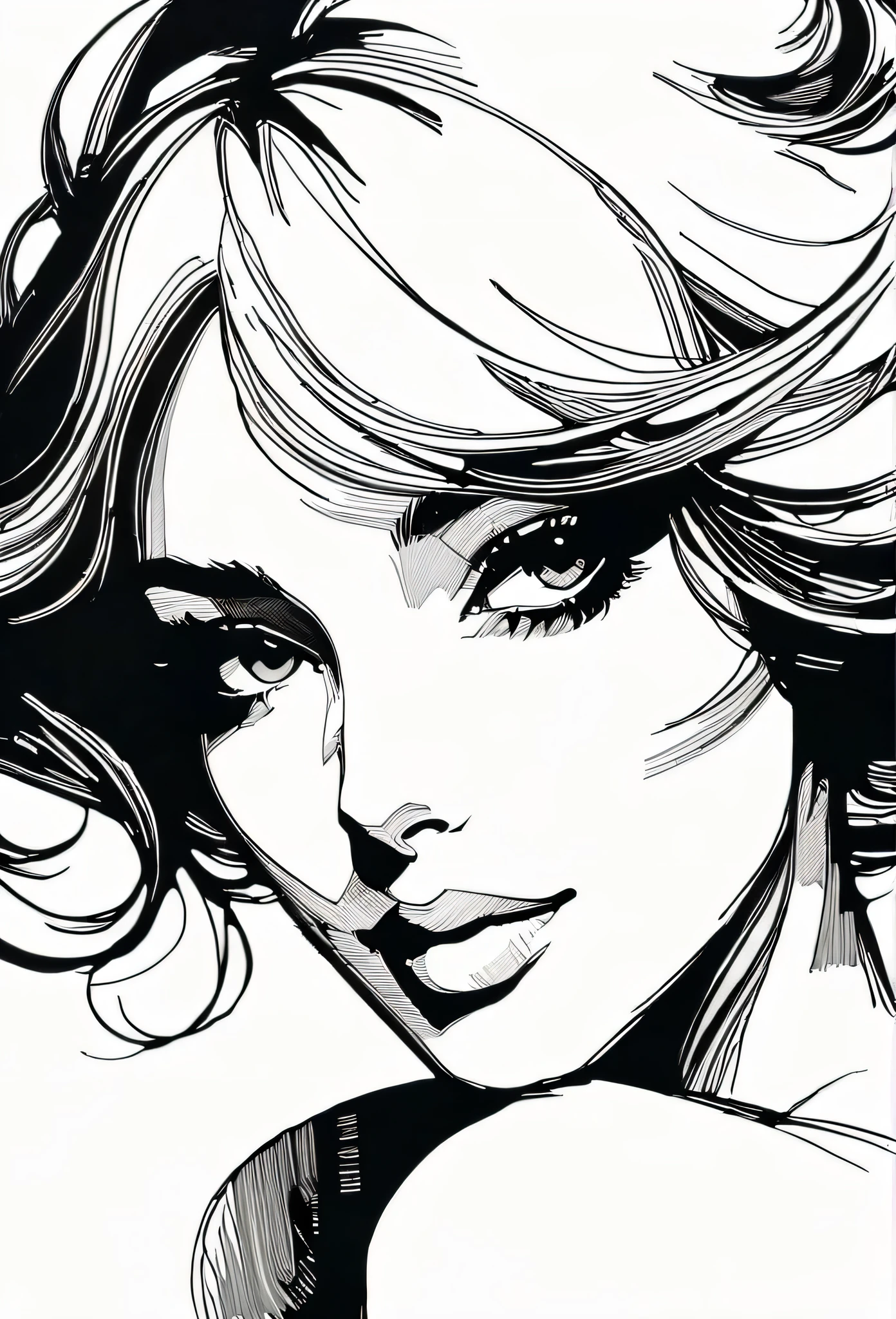 Elegant maiden，black and whiteink画，pen sketch drawing，Loose brushstrokes，Pen outlines delicate lines，flowing action，Subtle ink tones，elegant posture，A peaceful expression，Delicate facial features，ink，Smudge，black and white，clean