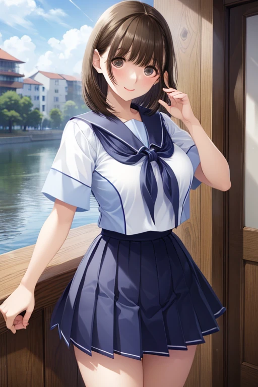 anegasaki nene、Shiny brown hair, short hair, (Beautiful brown eyes、Sparkling eyes, Fine grain)、smile、Ultra-detailed eyes、Highly detailed face, Highly detailed eyes,

Cowboy Shot、Short-sleeved white sailor suit、紺色のミニPleated skirt、Very short mini skirt、Bare thighs、

Highest quality、Best image quality、masterpiece、One Girl、26 years old、Best Bust、Big Breasts、Beautiful Eyes、、Tight waist、Short-sleeved sailor uniform、Pleated skirt、Full Body Shot, front、smile、Simple Background、In front of the cafe、Cute pose