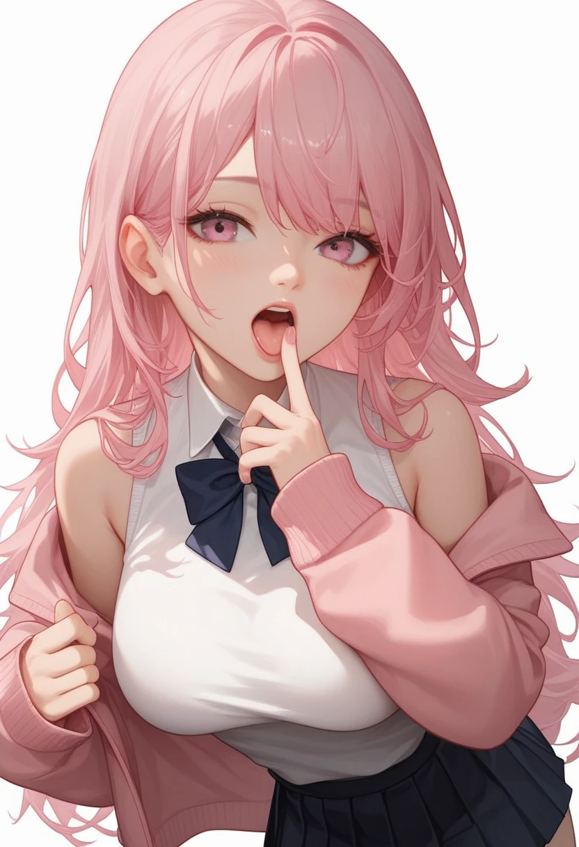 One 、Big Breasts、Pink Hair、Long Hair、Straight Hair、Ahoge、kind、Green Eyes、Droopy eyes、Giving a blowjob、Adding it all the way to the back、Looking up、front、face to face、