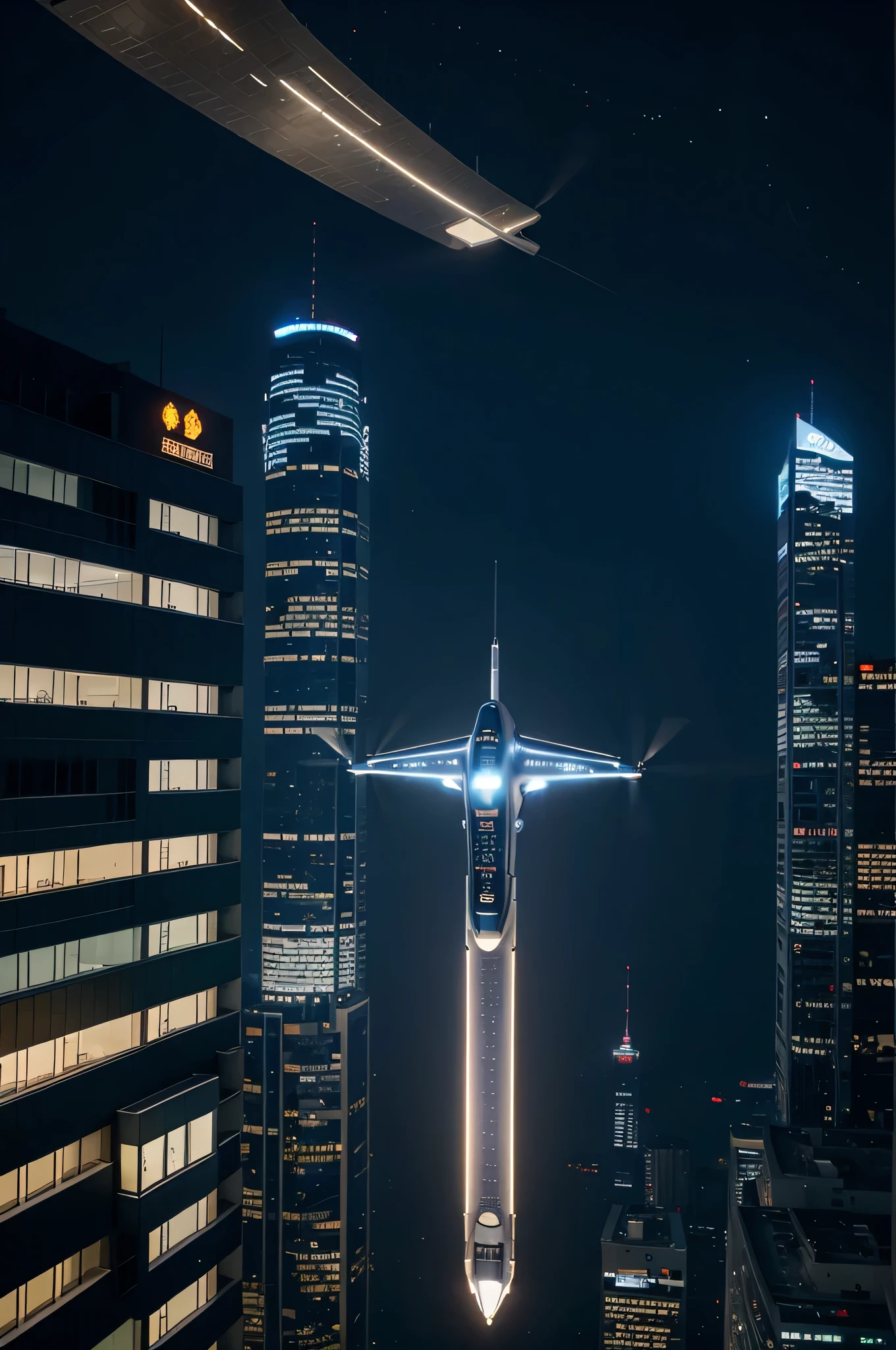 Build high-tech buildings with lots of lights, many tall buildings, at night there are high-tech flying cars. The atmosphere is beautiful, with a high-tech style. Flying cars fly past buildings. The atmosphere of the sky is blue like outer space. To see buildings more clearly than flying cars Build buildings to be as high-tech as possible. Added flying cars flying over buildings. Flying cars don't take planes.