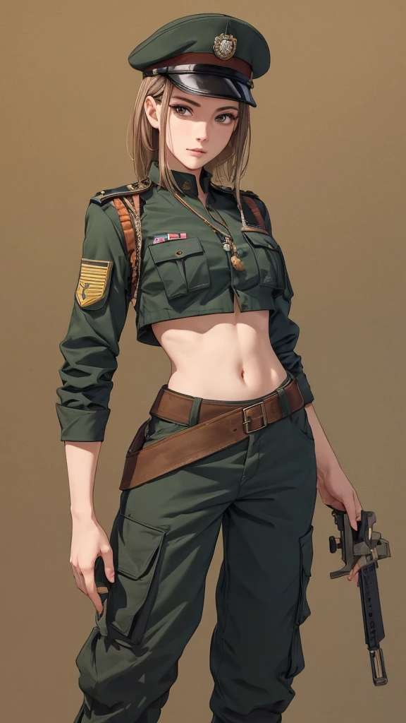
Women in crop top soldier uniform, soldier hat, medal on the chest,  exposed abdomen area, very low waist cargo pants, navel piercing , 45 years-old, high ranking , standing, 
