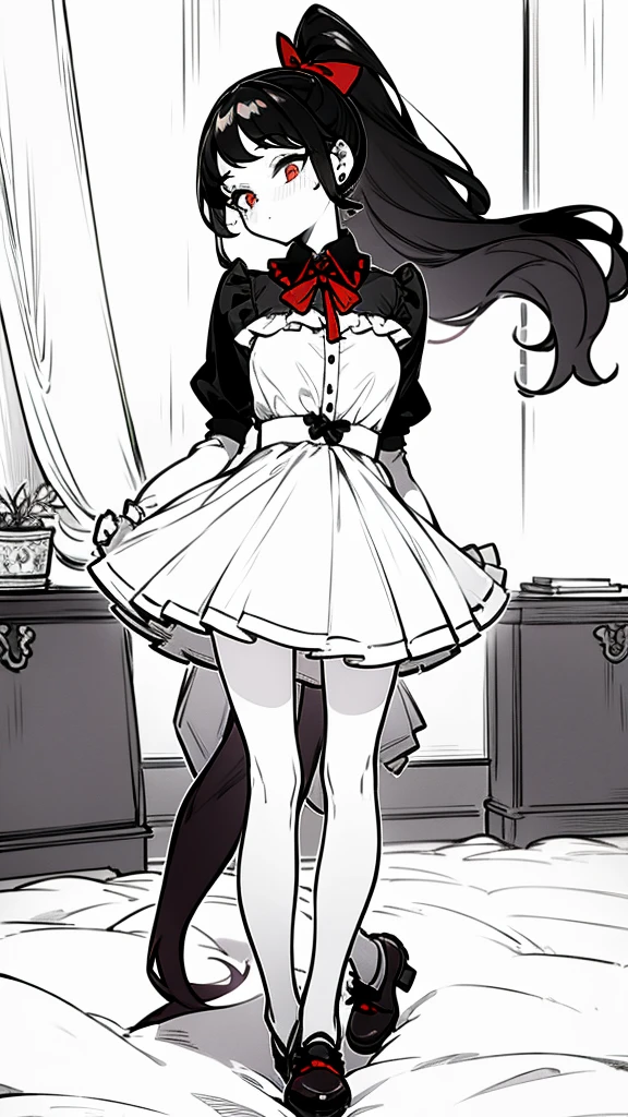using pantimedies, wavy black hair, piercing look with deep red eyes, average stature, Silky hair with a ponytail hairstyle collected with a red bow with two white lines, with clothes, has a vagina, has breasts, cup of breasts, small breasts, slim, foreground, Session, sitting in her room, standing in his room, wearing pantyhose, using pantimedies, Picardias, short skirt, shoes, blouse with straps, blush, opening her legs making her panties visible, open legs, perfect white panty, Skirt fluttering in the wind, grabbing the skirt with both hands, from below