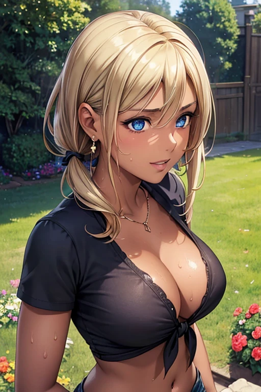 #Basics A girl is posing for a photo, animeのかわいい女の子, ((One Girl)), (((Baby Face:1.2)) + ((cute:1.3))),
break
#Clothing Accessories
((mini denim shorts)) + ((Black shirt tied under the chest)) + belly button + Black sneakers,
(Gold hoop earrings), (Fancy Necklace), (Black nail polish), (Cleavage),
break
#Features
(((Blonde)), ((slicked back hair)), (low twintail : Short Hair + Voluminous Hair + Hair curled outside + Tied up with a red string ribbon)),
((Droopy eyes:1.4, Big eyes:1.2), blue eyes), (Small breasts), (Brown skin:1.4),
break
#background environment
((noon + garden + grass, Promenade)),
#Facial Expression Pose
(smile), ((Model pose, Put your hands together above your head, Sweat)),
#composition
((Face the camera, (Focus from the side), Cowboy Shot)),
break
#Body parts elements
(Slim figure),
(Detailed Hair, Beautiful Hair, Shiny Hair),
(double eyelid, Long eyelashes),
(Expression of fine eyes, Beautiful and delicate eyes, Sparkling eyes, Eye Reflexes, Glitter Eyeliner),
(Human Ear),
(Beautiful Nose, Thin Nose),
(Glossy Lips, Beautiful Lips, Thick lips), (Symmetrical facial features),
(Detailed skin, Textured skin, Beautiful Skin, Oily skin),
break
#Quality Image Quality Common
(((Highest quality)), ((masterpiece)), ((Very detailed))), ((Ultra-high resolution)), ((16K, 1080P)), ((FHD)),
(Anatomically correct), (Realistic), (3DCG), (oil),
#Quality image illustration
((comics, anime)), CG illustration,