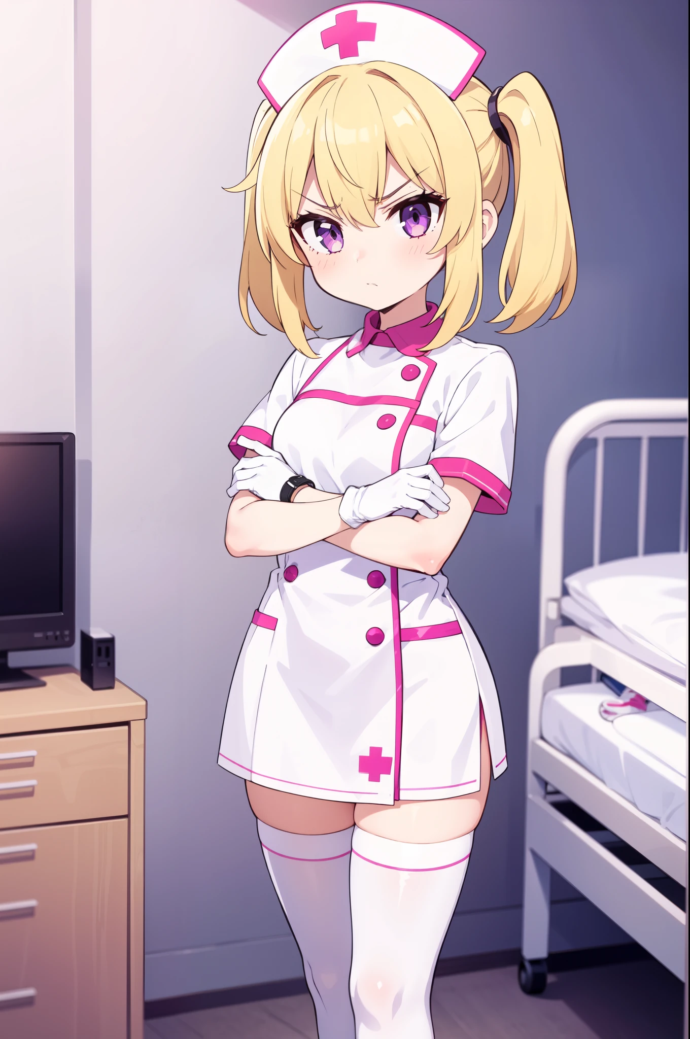1girl, solo, nurse, nurse cap, white nurse uniform, ((white legwear, zettai ryouiki)), white gloves, twintails, yellow hair, purple eyes, angry, crossed arms, standing, ((hospital room)), sharp outline, short sleeves, best quality, masterpiece