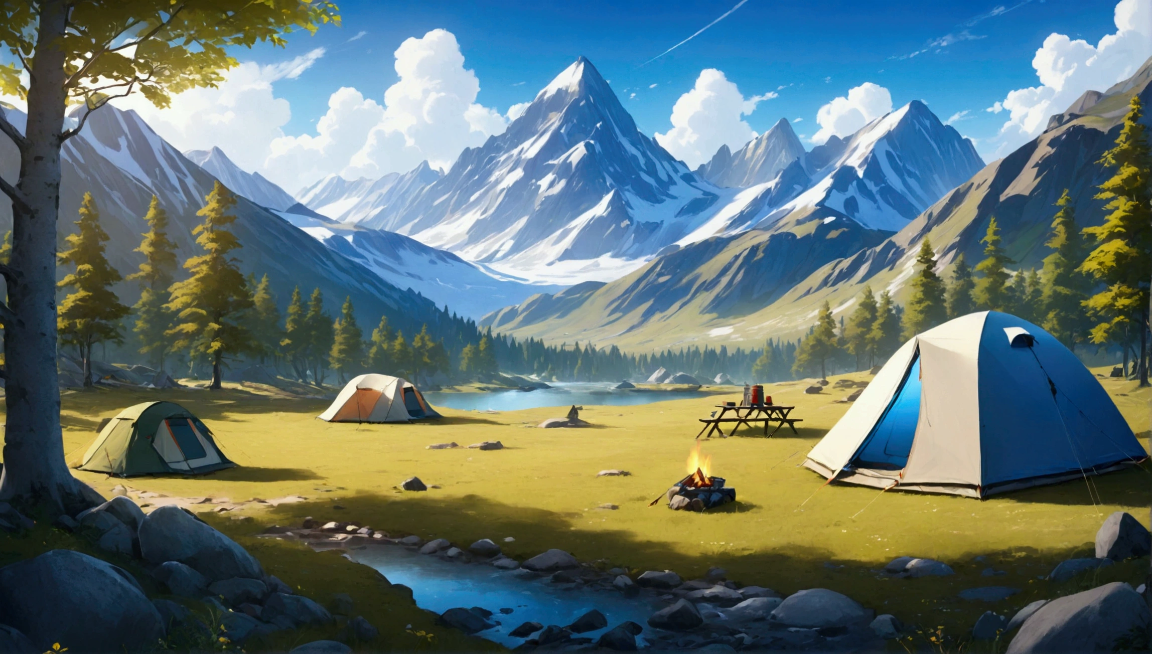 A plateau with a great view,camp site,The view is amazing.,tent,Camping equipment,Highest quality, 8k, High resolution, masterpiece:1.2, Very detailed, Realistic:1.37, High resolution, 超High resolution, Very detailed, Professional, Vibrant colors