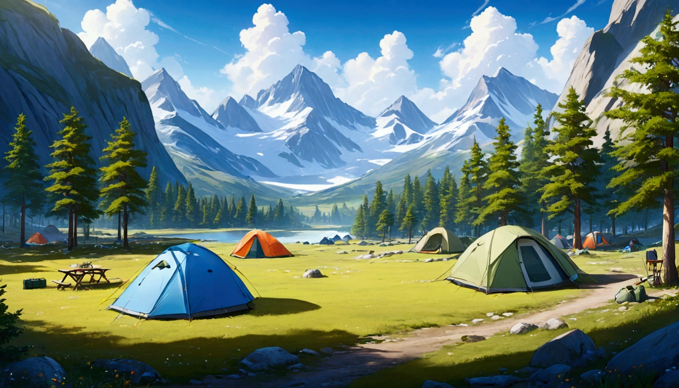 A plateau with a great view,camp site,The view is amazing.,tent,Camping equipment,Highest quality, 8k, High resolution, masterpiece:1.2, Very detailed, Realistic:1.37, High resolution, 超High resolution, Very detailed, Professional, Vibrant colors