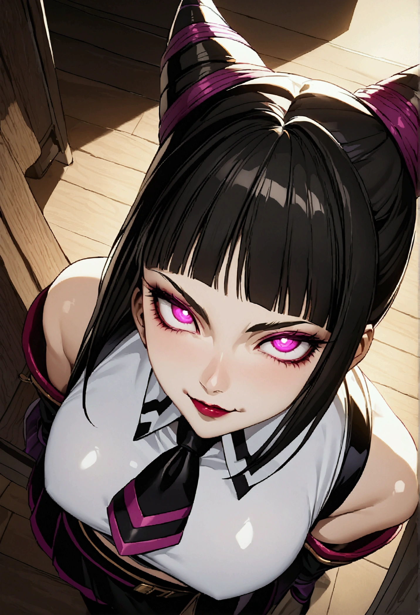 Juri Han, Artwork, fitted white secretary shirt with black tie, black mini skirt, skirt short,sock, Bblack hair, blackstockings,Evil smile,desk,bangs on the eyes,Lighting,horn of hair,from above view,staring overhead,close up