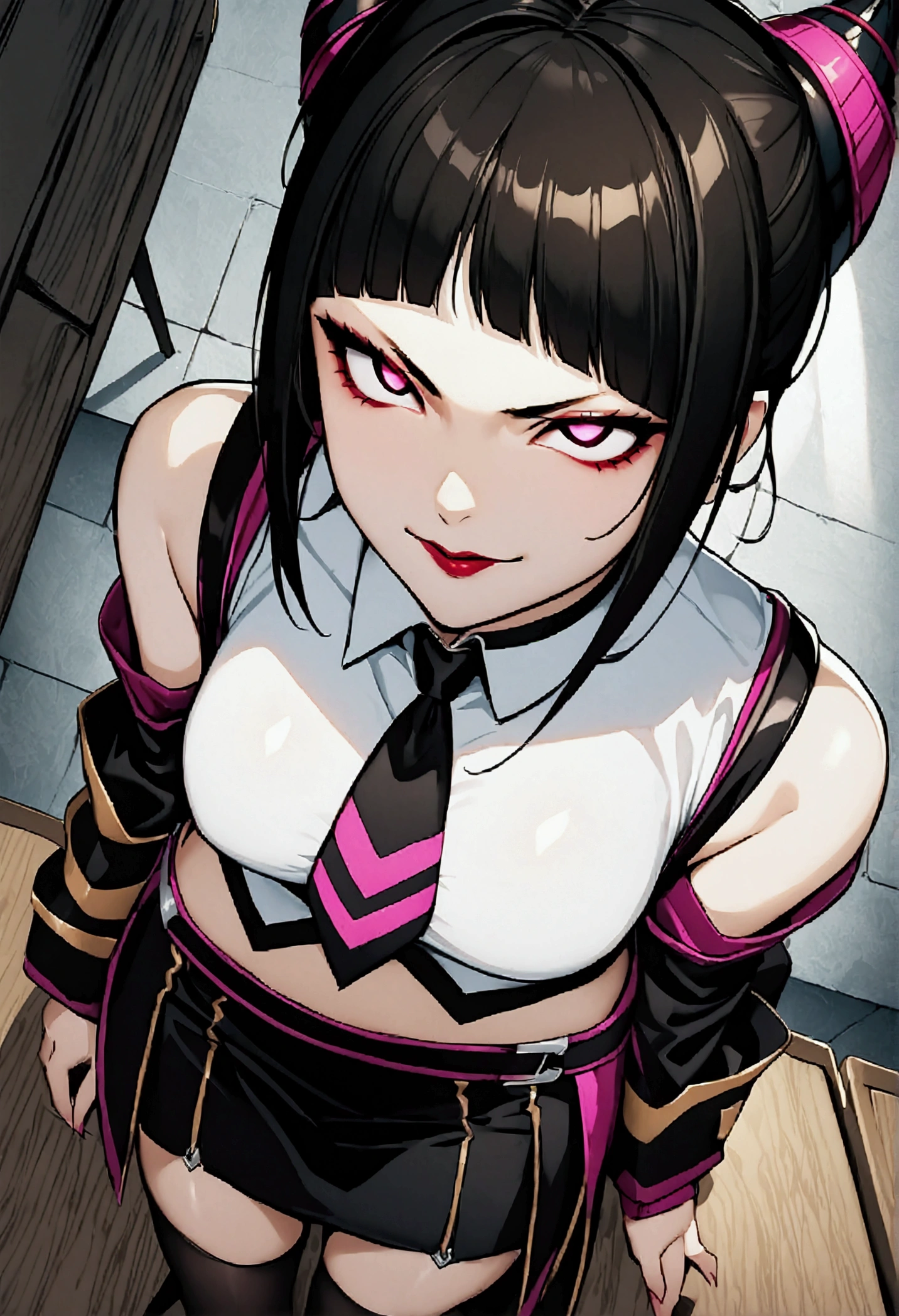 Juri Han, Artwork, fitted white secretary shirt with black tie, black mini skirt, skirt short,sock, Bblack hair, blackstockings,Evil smile,desk,bangs on the eyes,Lighting,horn of hair,from above view,staring overhead,close up
