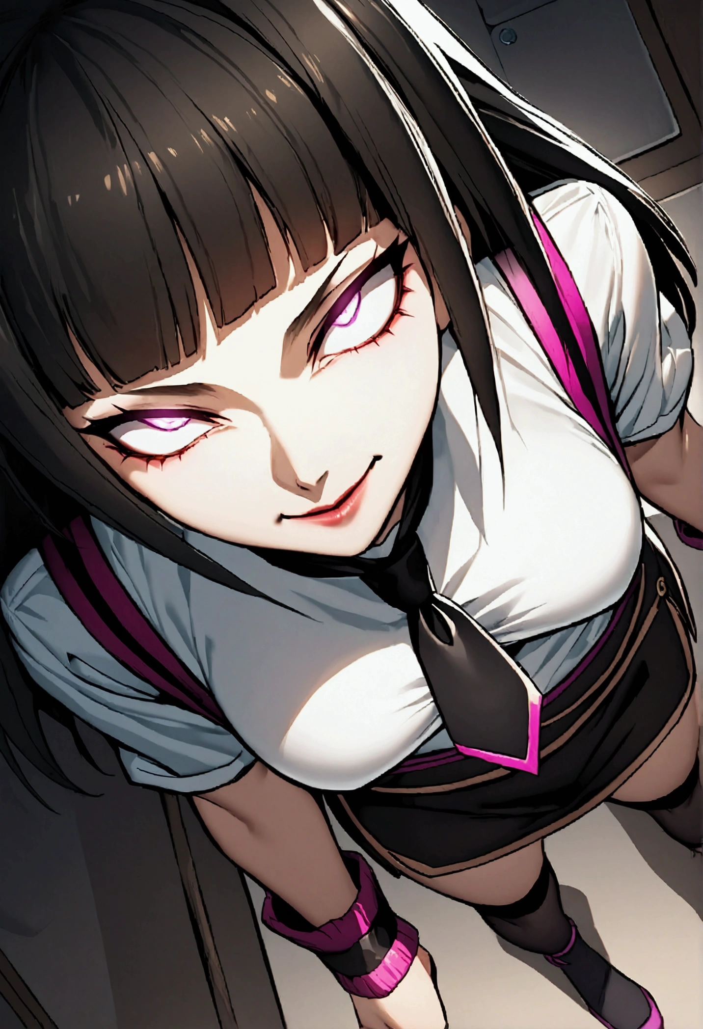 Juri Han, Artwork, fitted white secretary shirt with black tie, black mini skirt, skirt short,sock, Bblack hair, blackstockings,Evil smile,desk,bangs on the eyes,Lighting,horn of hair,from above view,staring overhead,crossed arms
