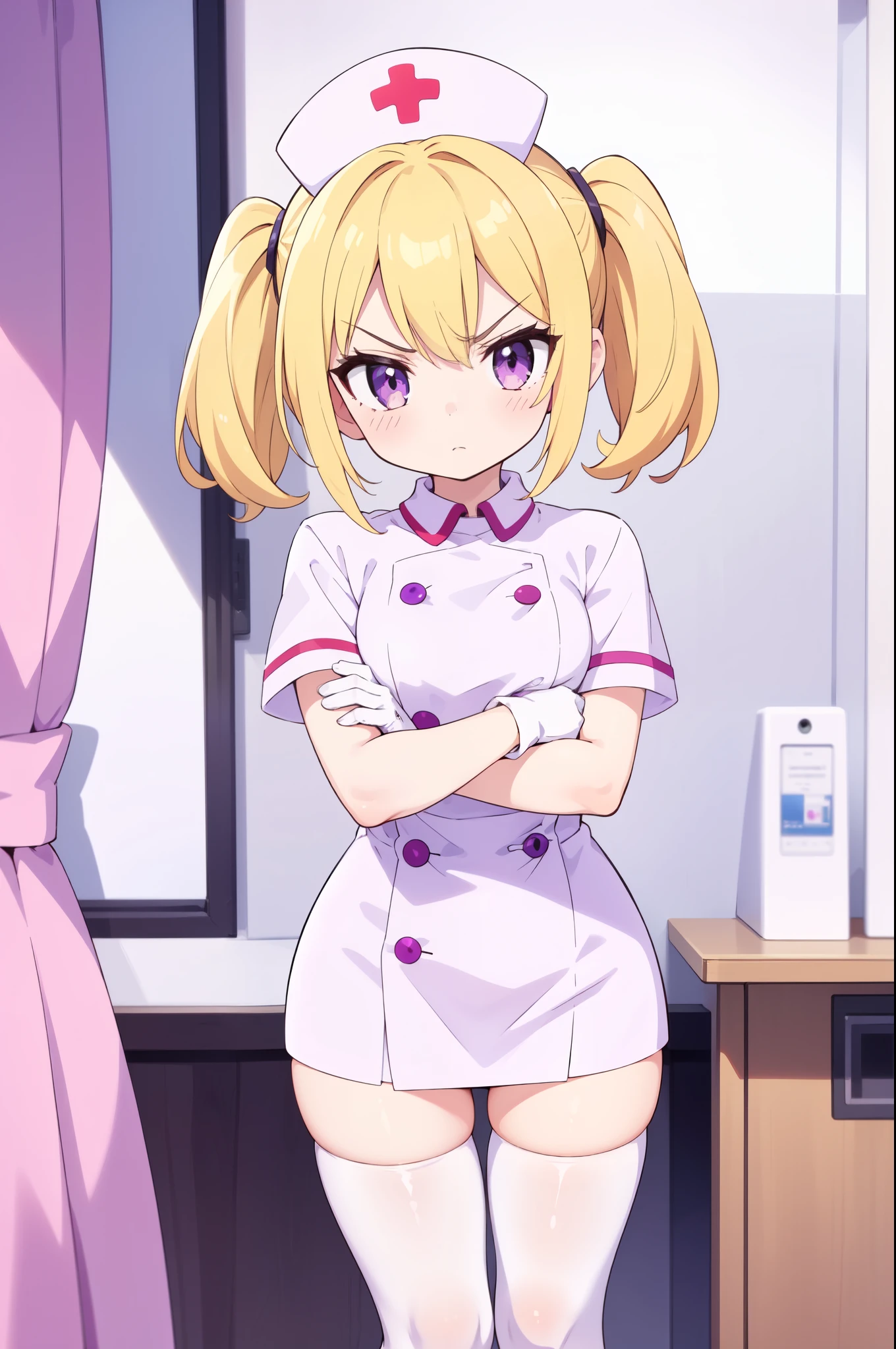 1girl, solo, nurse, nurse cap, white nurse uniform, ((white legwear, zettai ryouiki)), white gloves, twintails, yellow hair, purple eyes, angry, crossed arms, standing, ((hospital room)), sharp outline, short sleeves, best quality, masterpiece