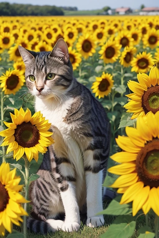 Cat, bee, combine, surrounded by sunflowers