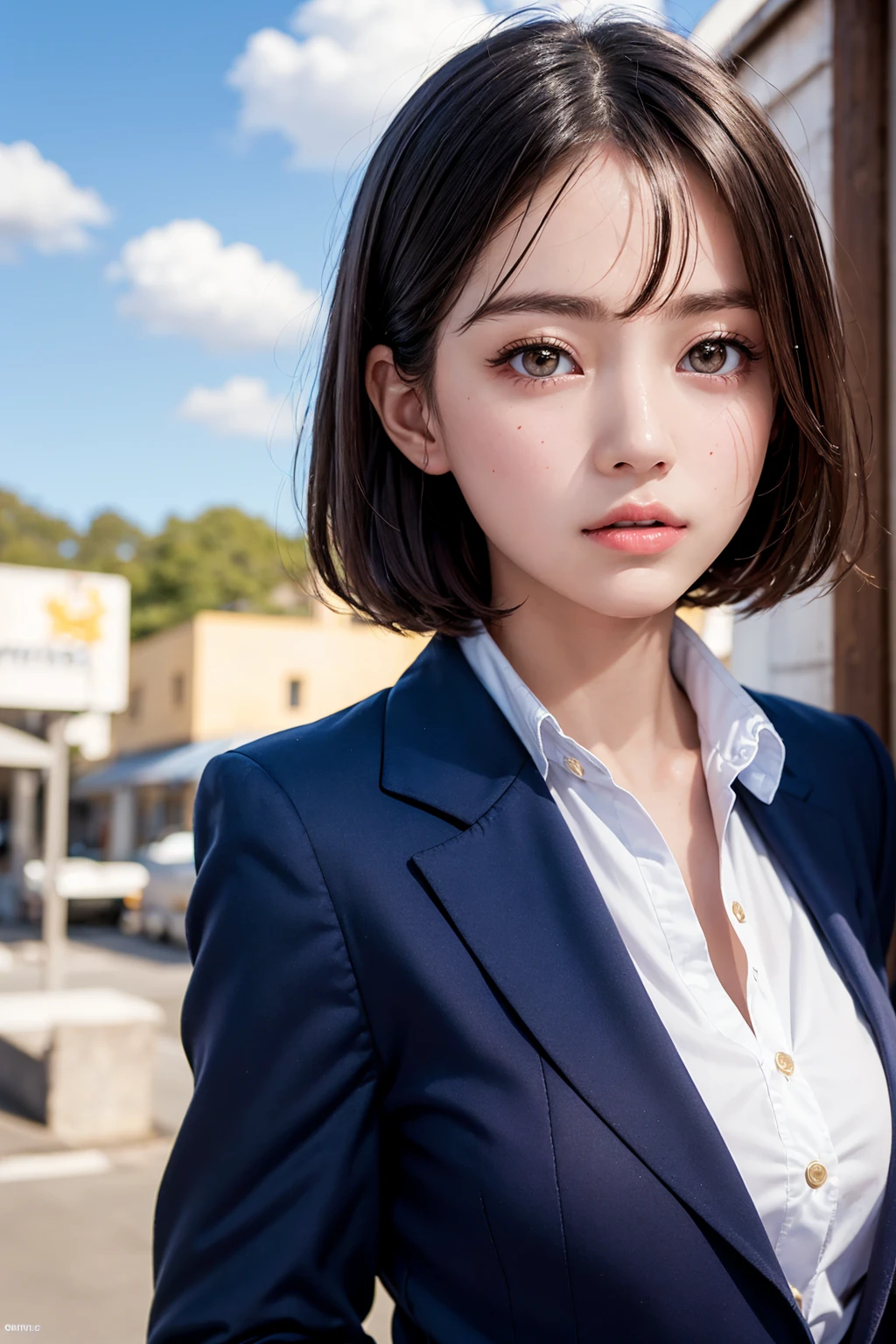 One Girl,(1人のとてもcute女の子:1.3),masterpiece,Highest quality,High resolution,From below,Low - Angle,Photorealistic,RAW Photos,Ray Tracing,Physically Based Rendering,beautiful girl,(:1.3),cute,Big eyes,(detailed pupils:1.2),(The face is facing straight ahead:1.3),Body facing forward,Beautiful nose,Upturned nose,Fuller lips,Short black hair,ponytail,short hair,Detailed eyelashes,Thin eyebrows,Very fine grain definition,(Symmetrical eyes,Golden Ratio:1.3),(Face Focus:1.0),Small breasts,Short neck,Navy Blue Blazer,Red checked pleated skirt,School uniforms,coastal,Blue sky,White cloud,School uniforms,Portrait,View Viewer,Upper Body,Cinema Lighting,High resolution,Very detailed