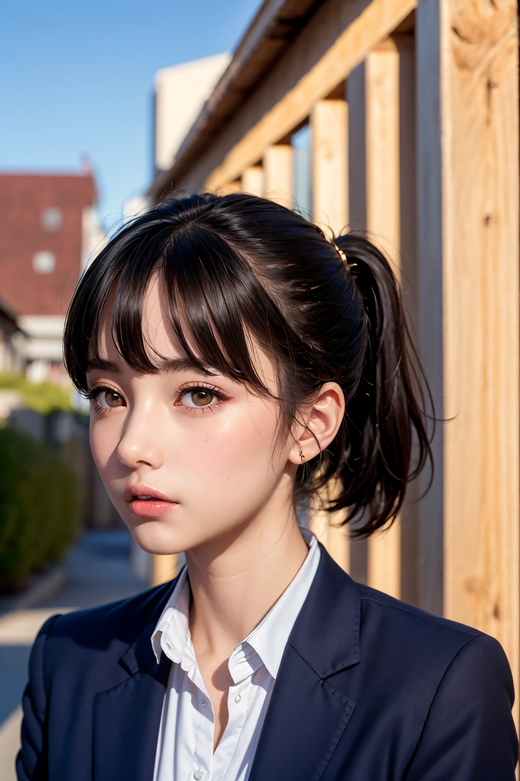 One Girl,(1人のとてもcute女の子:1.3),masterpiece,Highest quality,High resolution,From below,Low - Angle,Photorealistic,RAW Photos,Ray Tracing,Physically Based Rendering,beautiful girl,(:1.3),cute,Big eyes,(detailed pupils:1.2),(The face is facing straight ahead:1.3),Body facing forward,Beautiful nose,Upturned nose,Fuller lips,Short black hair,ponytail,short hair,Detailed eyelashes,Thin eyebrows,Very fine grain definition,(Symmetrical eyes,Golden Ratio:1.3),(Face Focus:1.0),Small breasts,Short neck,Navy Blue Blazer,Red checked pleated skirt,School uniforms,coastal,Blue sky,White cloud,School uniforms,Portrait,View Viewer,Upper Body,Cinema Lighting,High resolution,Very detailed