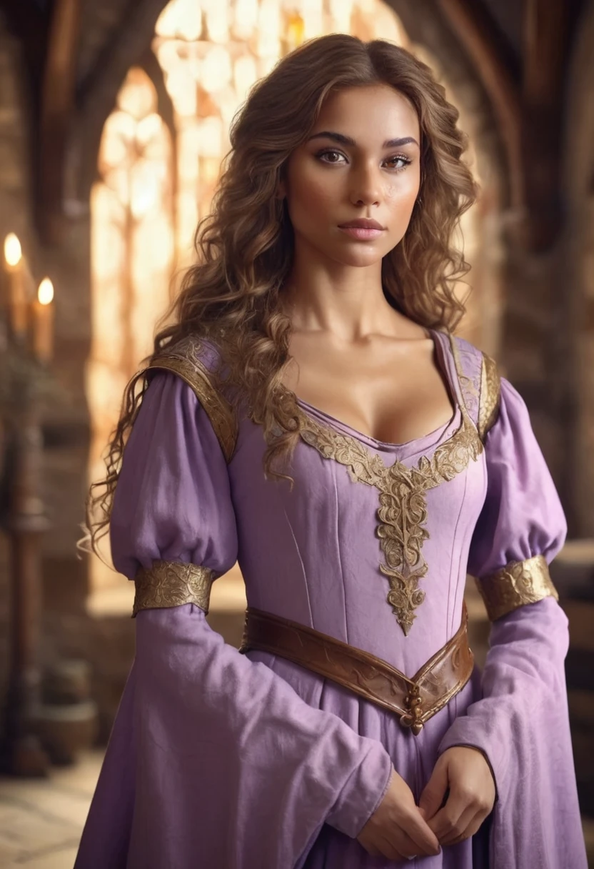 1 woman, inside a medieval room, wearing a lilac medieval dress, detailed facial features, feminine light brown eyes, detailed caramel skin, long curly golden brown hair, dramatic lighting, cinematic composition, warm palette, warm colors, atmospheric haze, thin chin, serious face, soft face, strong and beautiful woman (best quality, 4K, 8K, high resolution, art: 1.2), ultra detailed (realistic, photorealistic, photorealistic: 1.37)