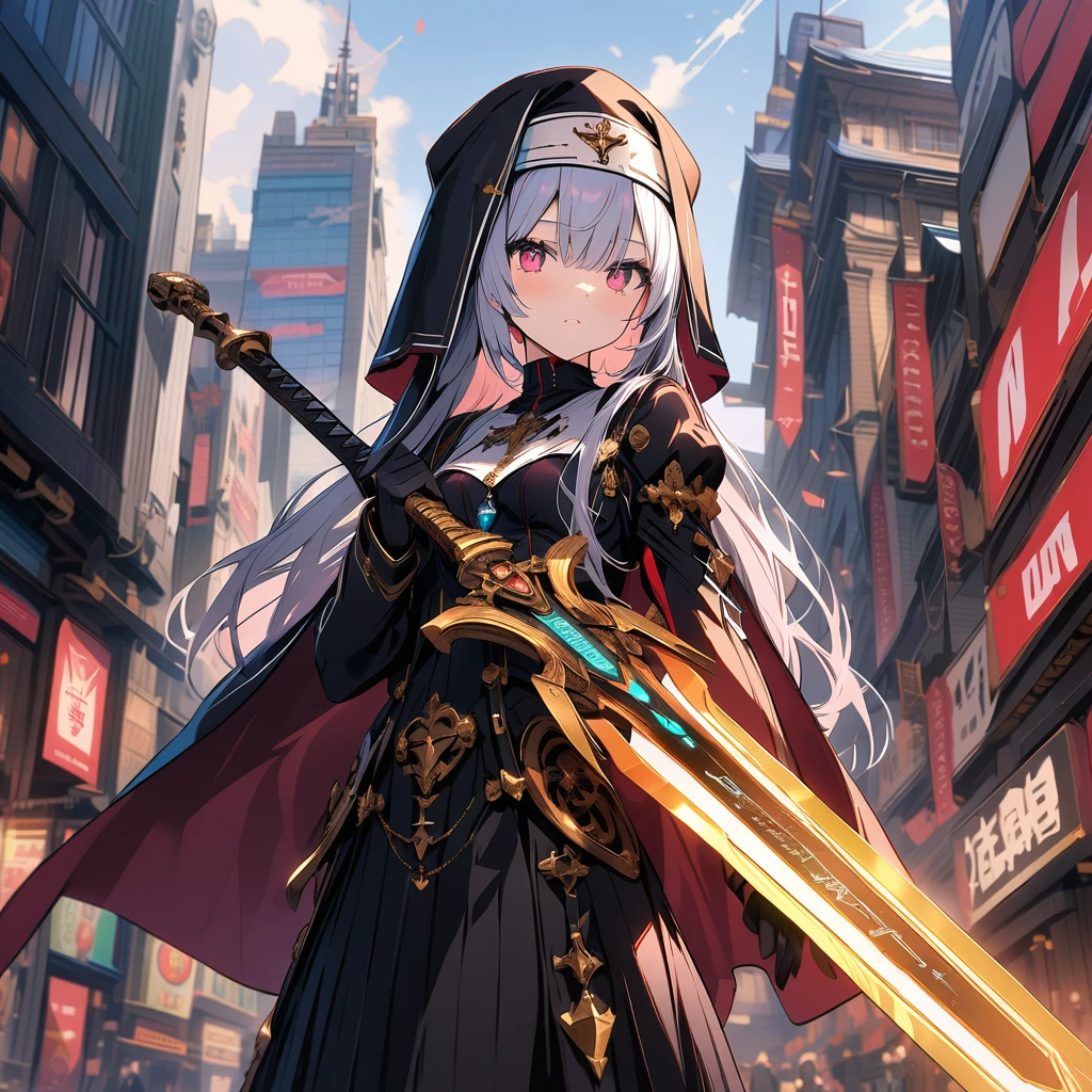 Dawn sky, mechanical angel nun with mechanical sword, high altitude, skyscrapers, buildings, detailed background, detailed writing, 4k, UHD, absurd, ultra quality, masterpiece,