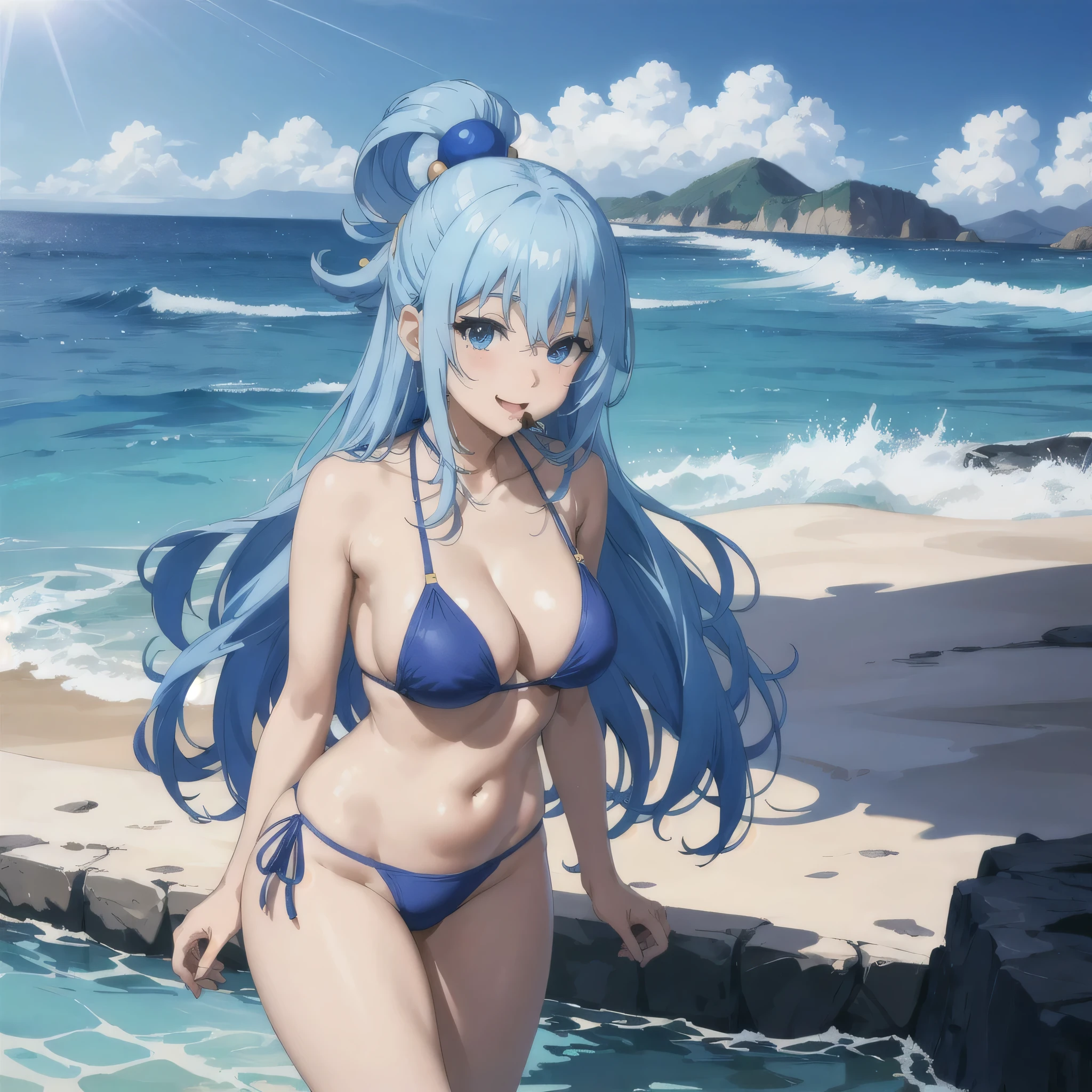 masterpiece、Highest quality、High resolution、Very detailed、Anime Girls、solo、View your viewers、Cowboy Shot、smile、Open your mouth、Leaning forward、Very long hair、Blue Hair、Blue eyes、Single Hair Ring、Big Breasts、cleavage、A woman with very large breasts、collarbone、比基尼、Ocean、青い比基尼、Beach、比基尼 top with an blue、比基尼 bottom with an blue、sunlight、in a triangle 比基尼、Are standing、