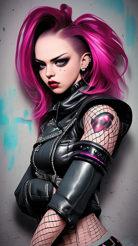 (Best quality,A high resolution:1.2),ultra detailed,Realistic,portrait,emo girl,Cravings sex,dark atmosphere,spectacular lighting,thoughtful expression,Long dark hair,piercing eyes,Red lipstick,fishnet stockings,black leather jacket,tattooed arms,smoky eye makeup,punk rock atmosphere,grunge background,Powerful emotions,provocative pose,Colorful neon lights,Edgy style,Bright colors,flawless skin,Expressive face,Furious Energy,Sensual Aura,Feminine power,confident attitude,rebellion against the norms of society,elegantly rebellious,vulnerable, But powerful,celebration of individuality,modern Art (perfect details:1.1), (nice and clear background:1.2), (Extremely detailed computer graphics, ultra detailed, best shadow:1.1), (finely detailed beautiful eyes)