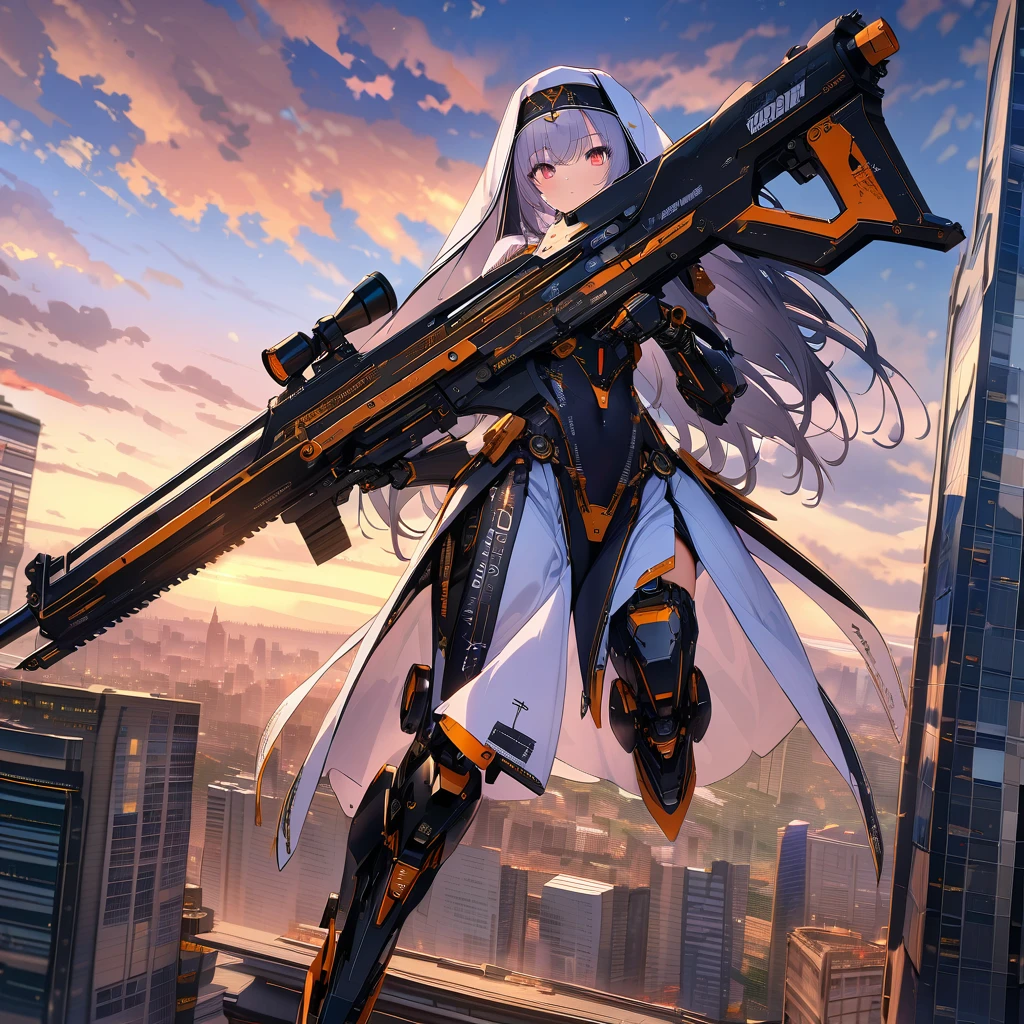 Dawn sky, mechanical angel nun with huge gun, high altitude, skyscrapers, buildings, detailed background, detailed writing, 4k, UHD, absurd, ultra quality, masterpiece,