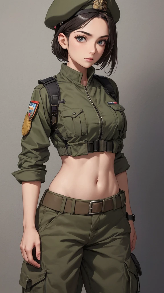 Women in crop top soldier uniform, soldier hat, medal on the chest, exposed abdomen area, very low waist cargo pants, navel piercing , 45 years-old, high ranking , standing,