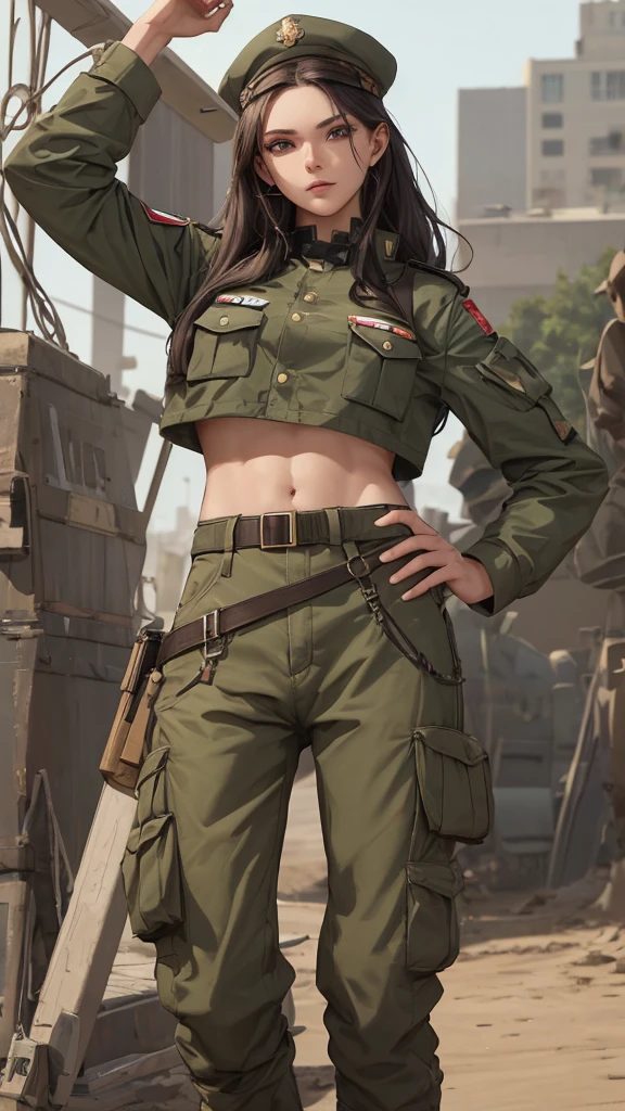 Women in crop top soldier uniform, soldier hat, medal on the chest, exposed abdomen area, very low waist cargo pants, navel piercing , 45 years-old, high ranking , standing,