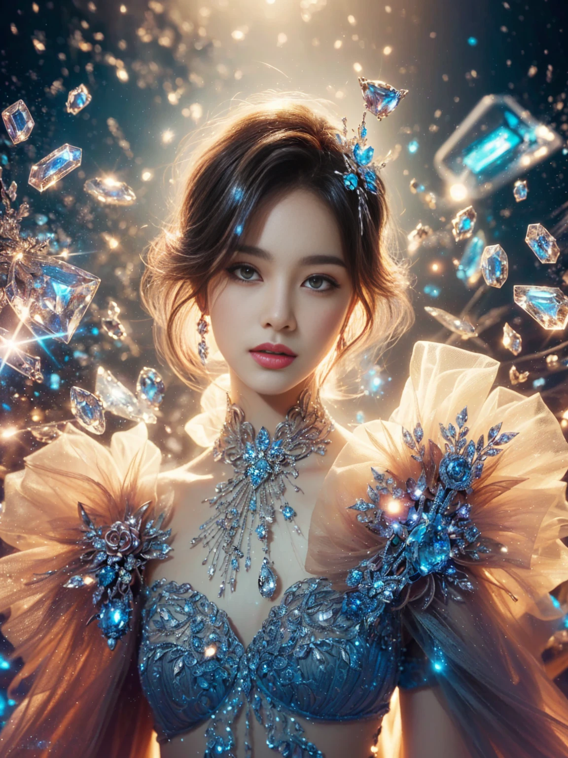 Araped image of a woman wearing a dress surrounded by diamonds, Beautiful digital artwork, Highly detailed digital art in 4K, beautiful fantasy art portrait, 8K Amazing Work of Art, fantasy art style, digital fantasy art ), Brilliant digital art, beautiful fantasy art, Amazing digital illustrations, beautiful fantasy portrait, fantasy art behance, heavenly fantasy, heavenly beauty, Detailed fantasy digital art