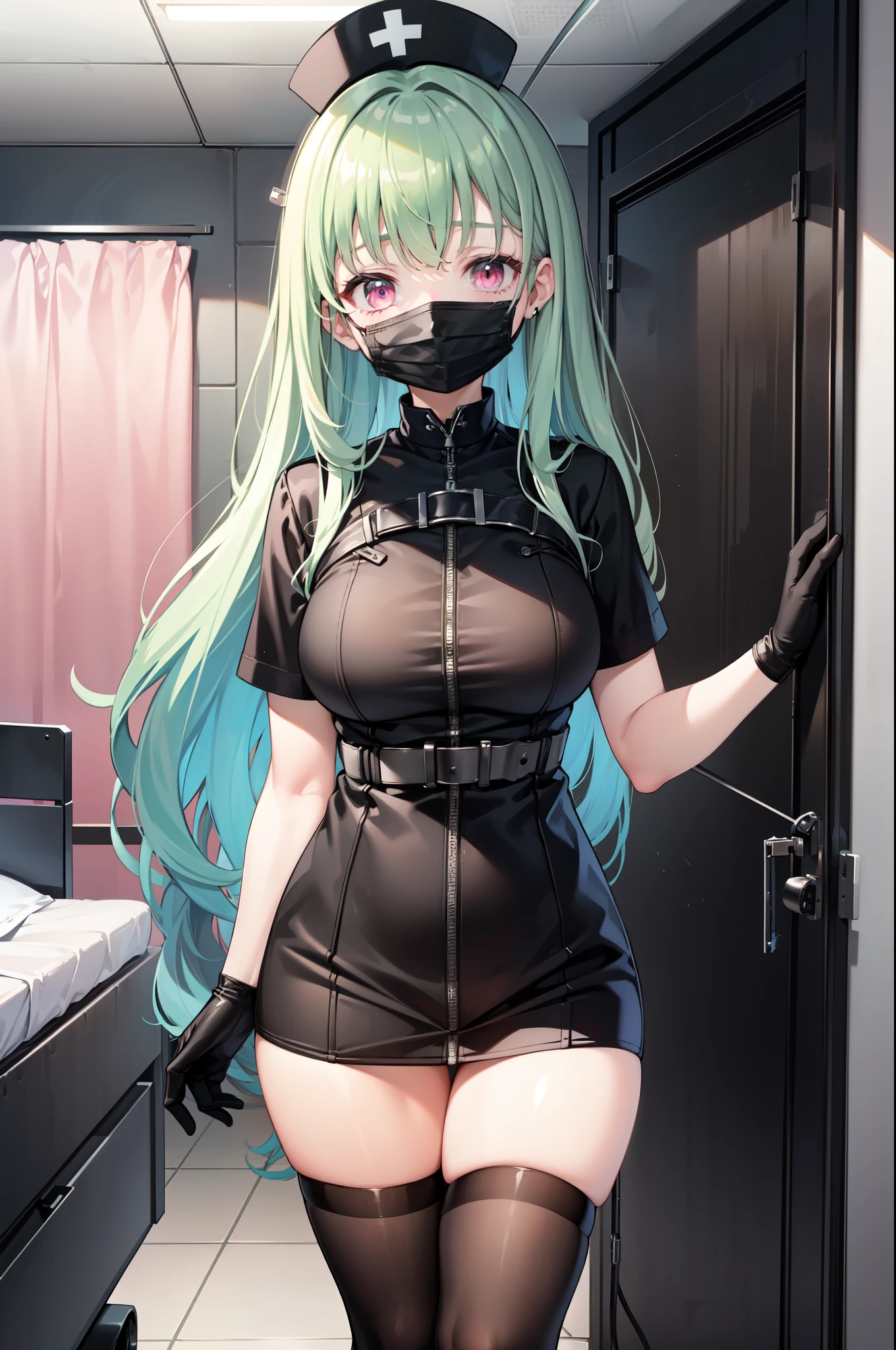 black nurse, 1woman, solo, black nurse cap, black nurse uniform, ((black legwear, zettai ryouiki)), black elbow gloves, forehead, long hair, green hair, pink eyes, ((black surgical mask, covered nose)), standing, ((surgery room)), sharp outline, short sleeves, mature female, 35 years old, best quality, masterpiece