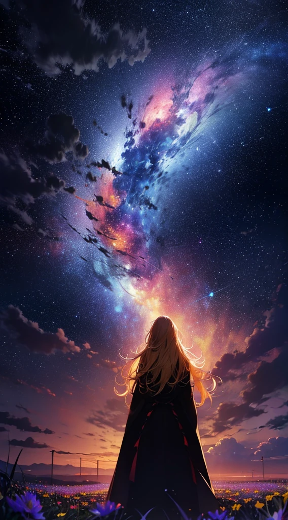 １people々々々々,Blonde long-haired woman，Long coat， Dress Silhouette， Rear View，Space Sky, Flower Field，Colorful flowers