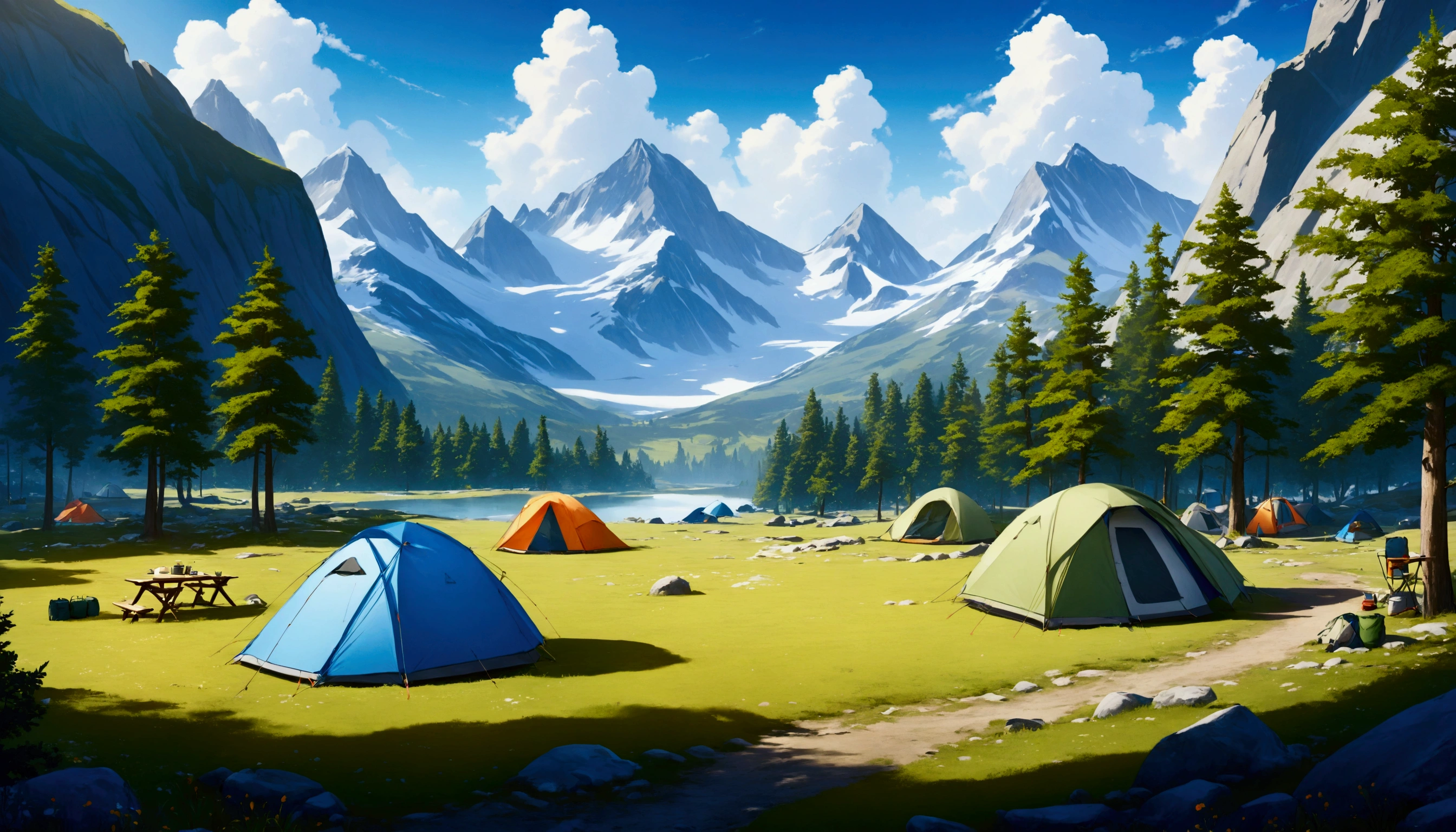 A plateau with a great view,camp site,The view is amazing.,tent,Camping equipment,Highest quality, 8k, High resolution, masterpiece:1.2, Very detailed, Realistic:1.37, High resolution, 超High resolution, Very detailed, Professional, Vibrant colors