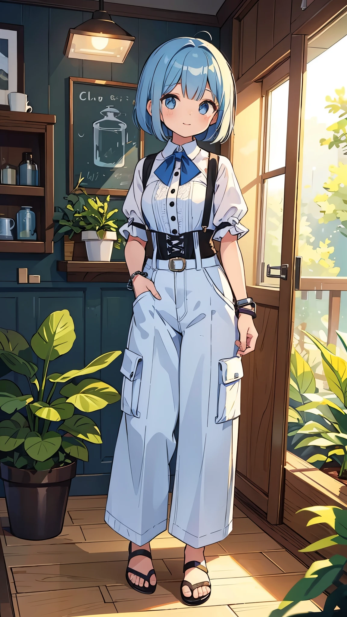 "A young female character with periwinkle blue hair styled in a short, slightly wavy bob cut with a small braid on one side. She has fair skin, large expressive eyes, and a cheerful expression. Her outfit is a modern, chic ensemble consisting of a white short-sleeved button-up shirt with a black tie, a black underbust corset, and high-waisted white cargo pants with multiple pockets. She accessorizes with several silver bracelets on her left wrist and a silver chain belt around her waist. The setting is a bright, airy café with large glass windows, wooden floors, and lush greenery both inside and outside. The overall atmosphere is light, peaceful, and inviting, with sunlight streaming in and creating a serene ambiance."