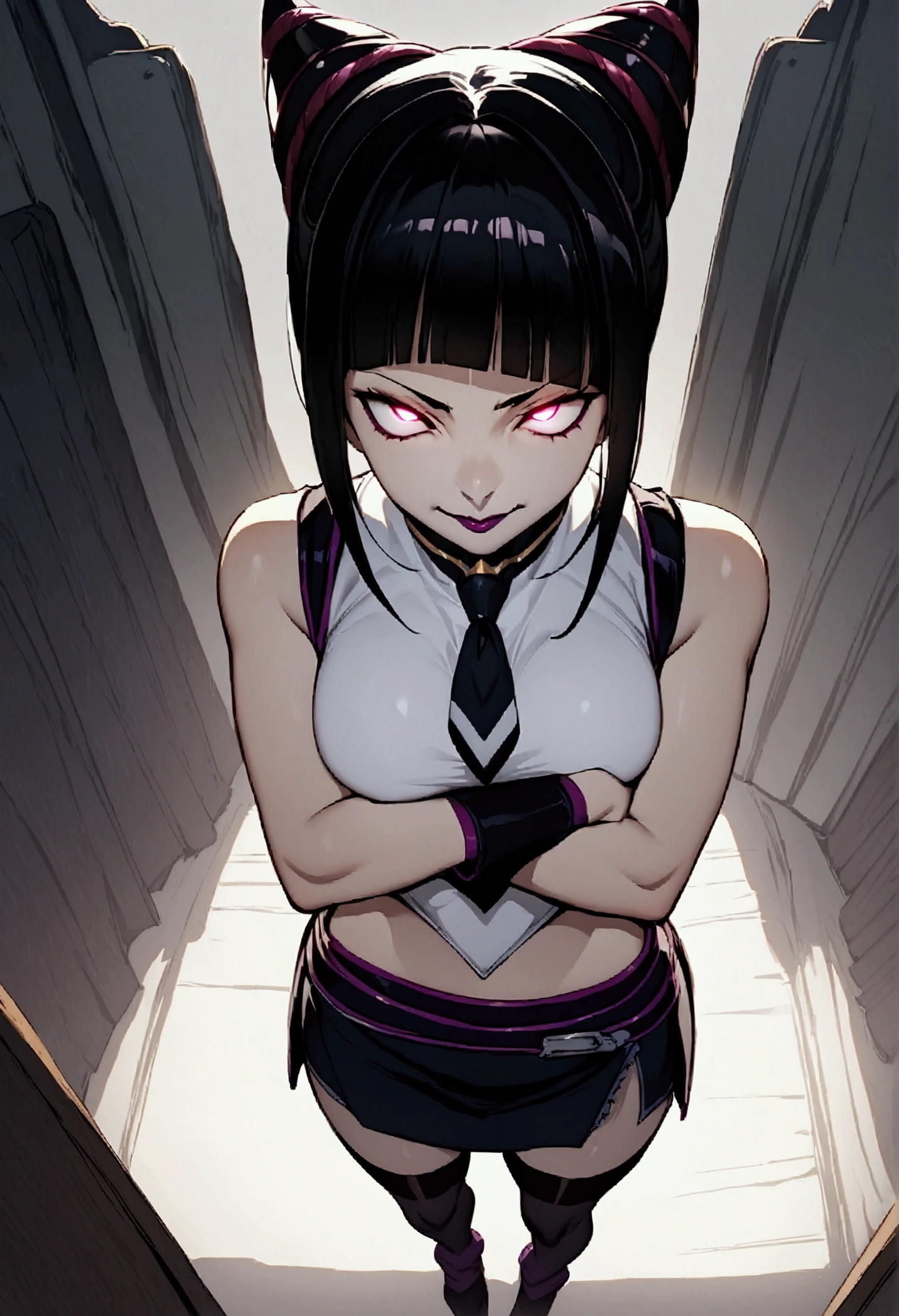 Juri Han, Artwork, fitted white secretary shirt with black tie, black mini skirt, skirt short,sock, Bblack hair, blackstockings,Evil smile,desk,bangs on the eyes,Lighting,horn of hair,from above view,staring overhead,crossed arms
