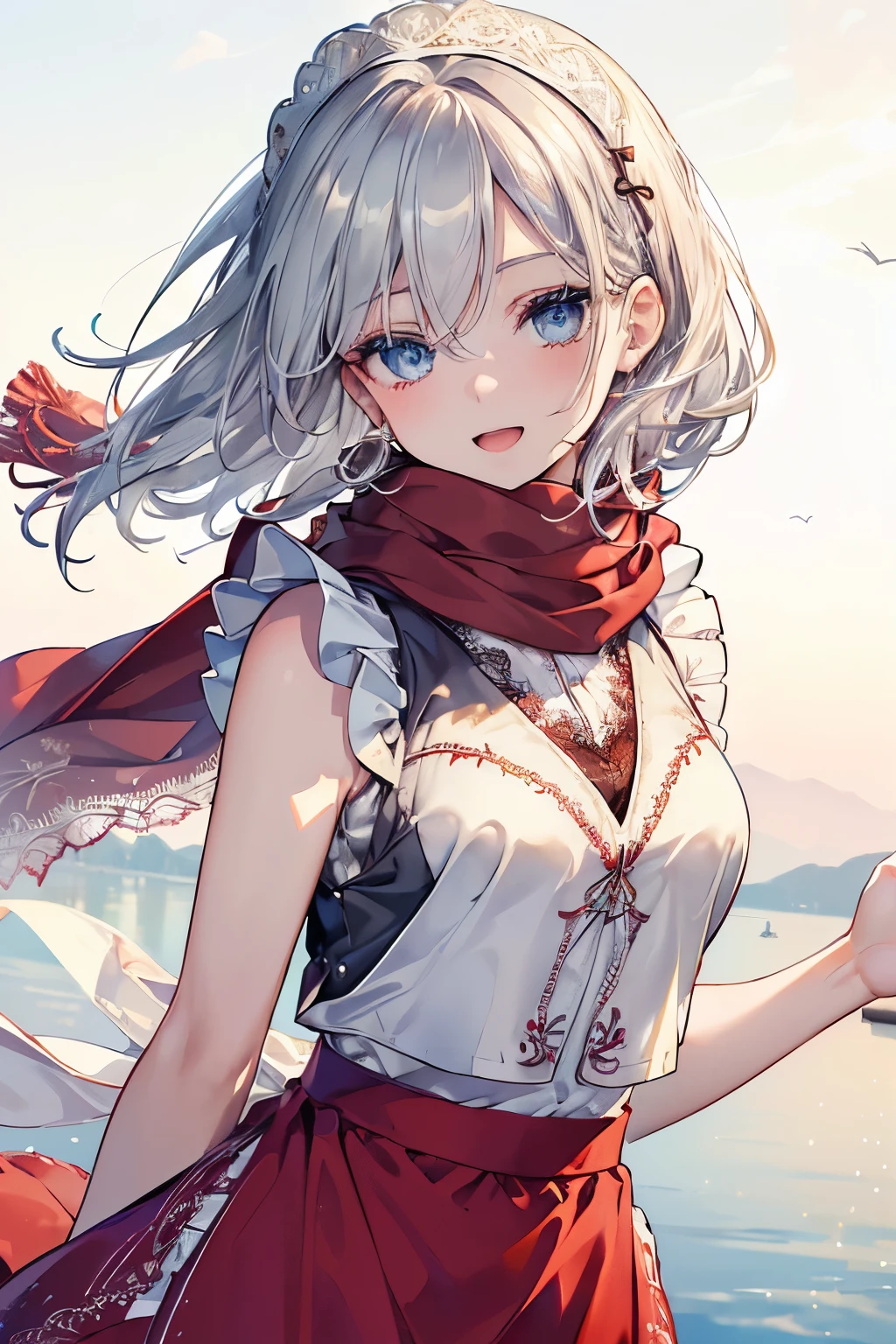 (Best quality,4K,8K,High resolution,Masterpiece:1.2),Super detailed,(Actual, Realistic),
break,
((Beautiful clear blue eyes:1.2)),very kind eyes,eyes wide open,beautiful eyelashes,beautiful lower eyelashes,
break,
((Beautiful and shiny silver hair:1.3)),A dazzling smile, a bursting smile, an open mouth laugh,
break,
((White blouse and vest, long red skirt and short vest, scarf, and apron with embroidery and lace decorations:1.3)),
break,
very happily,((bust shot)),zoom in,((Lakeside:1.3))