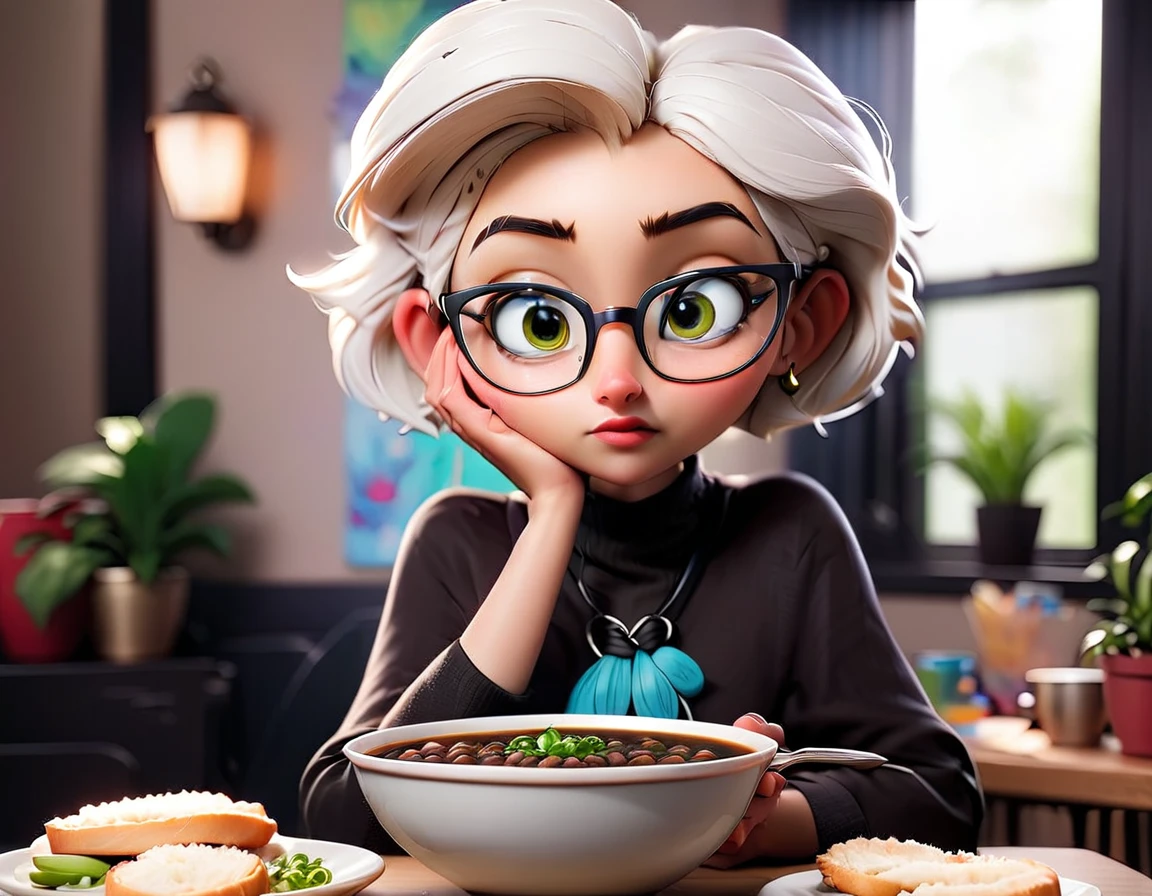 20 year old woman with glasses short white hair eating black bean soup