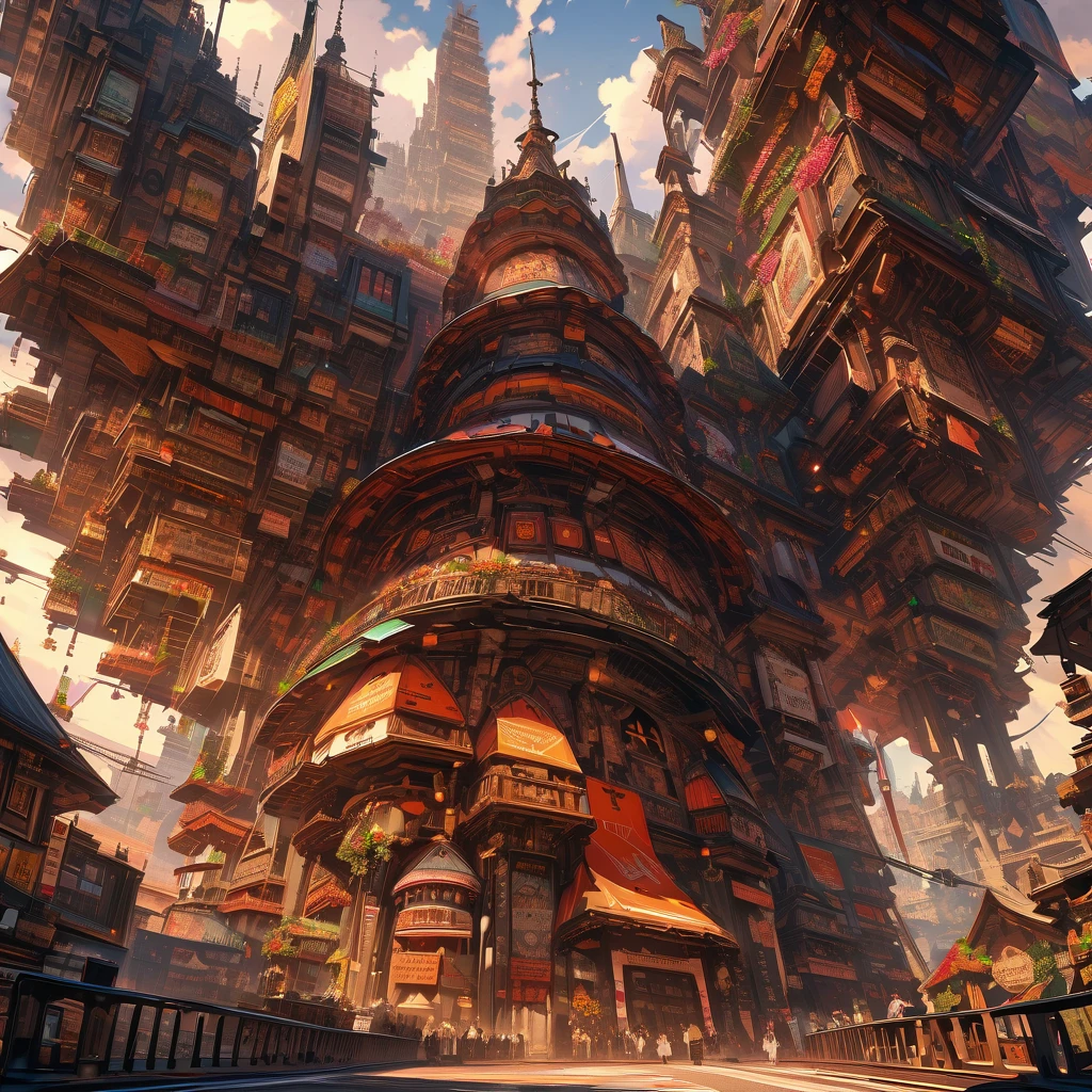 Dawn sky, mechanical angel nun with huge gun, high altitude, many huge mechanical towers, detailed background, detailed writing, 4k, UHD, absurd, ultra quality, masterpiece,