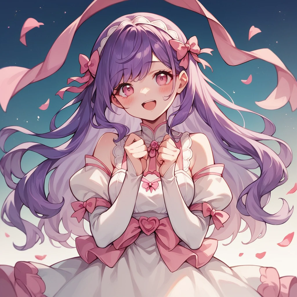 girl, beautiful girl, purple hair, long hair, pink eyes, cute pink-white outfit, happy, little blush, pink ribbon